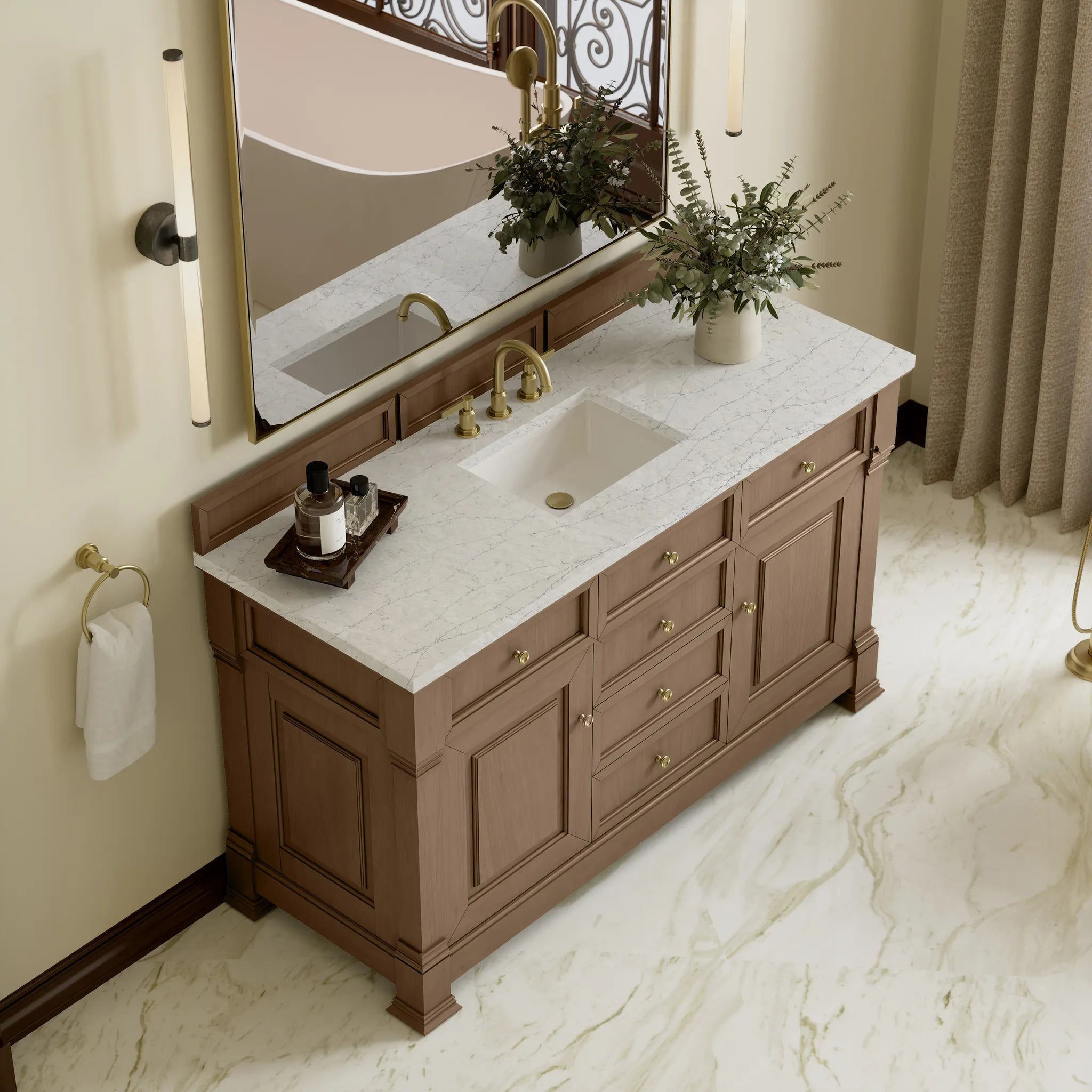 60" Brookfield Single Vanity in Pecan w/FreePower Wireless Charger-Eternal Jasmine Pearl Silestone-8" Widespread image 8