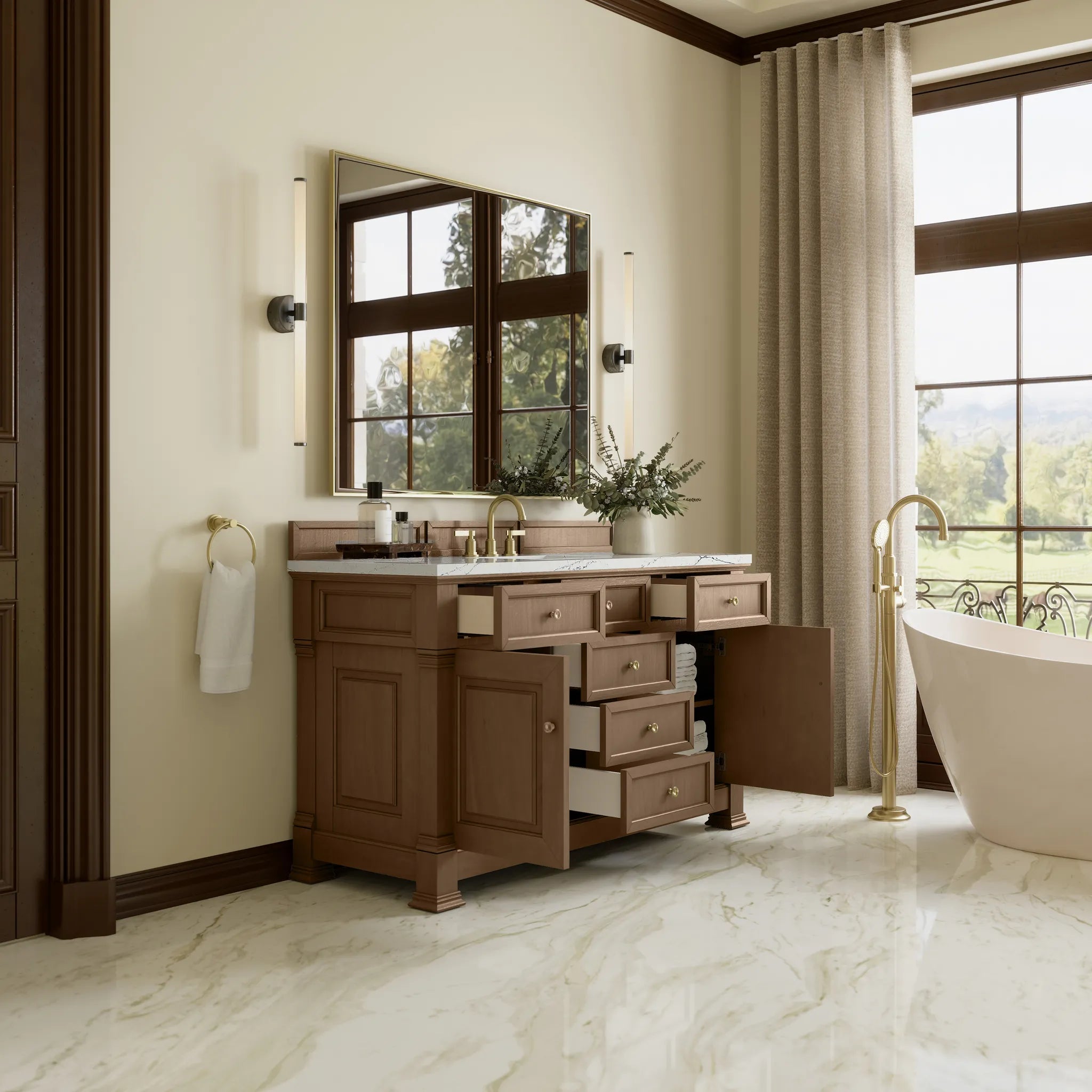 60" Brookfield Single Vanity in Pecan w/FreePower Wireless Charger-Ethereal Noctis Silestone-8" Widespread image 6