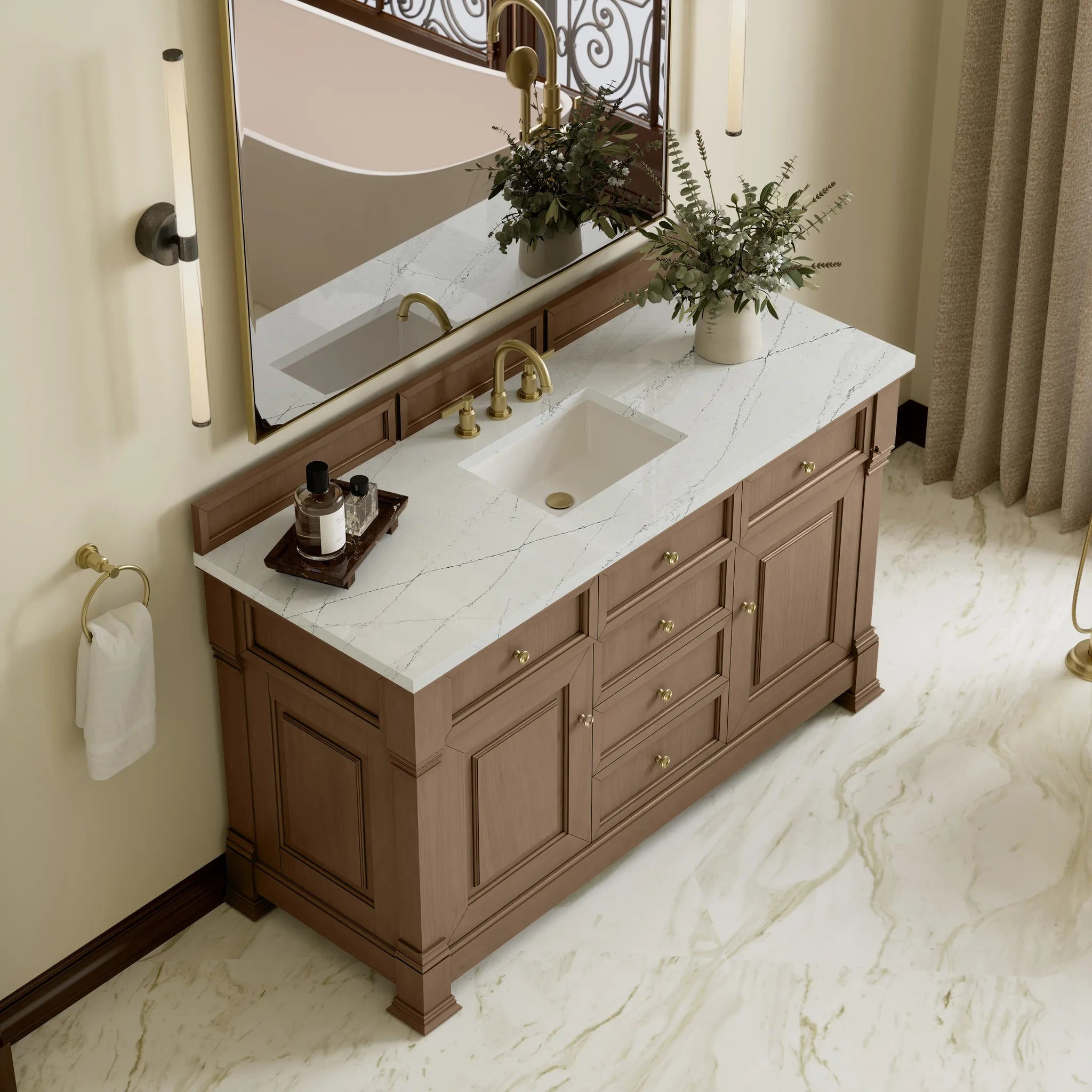 60" Brookfield Single Vanity in Pecan w/FreePower Wireless Charger-Ethereal Noctis Silestone-8" Widespread image 8