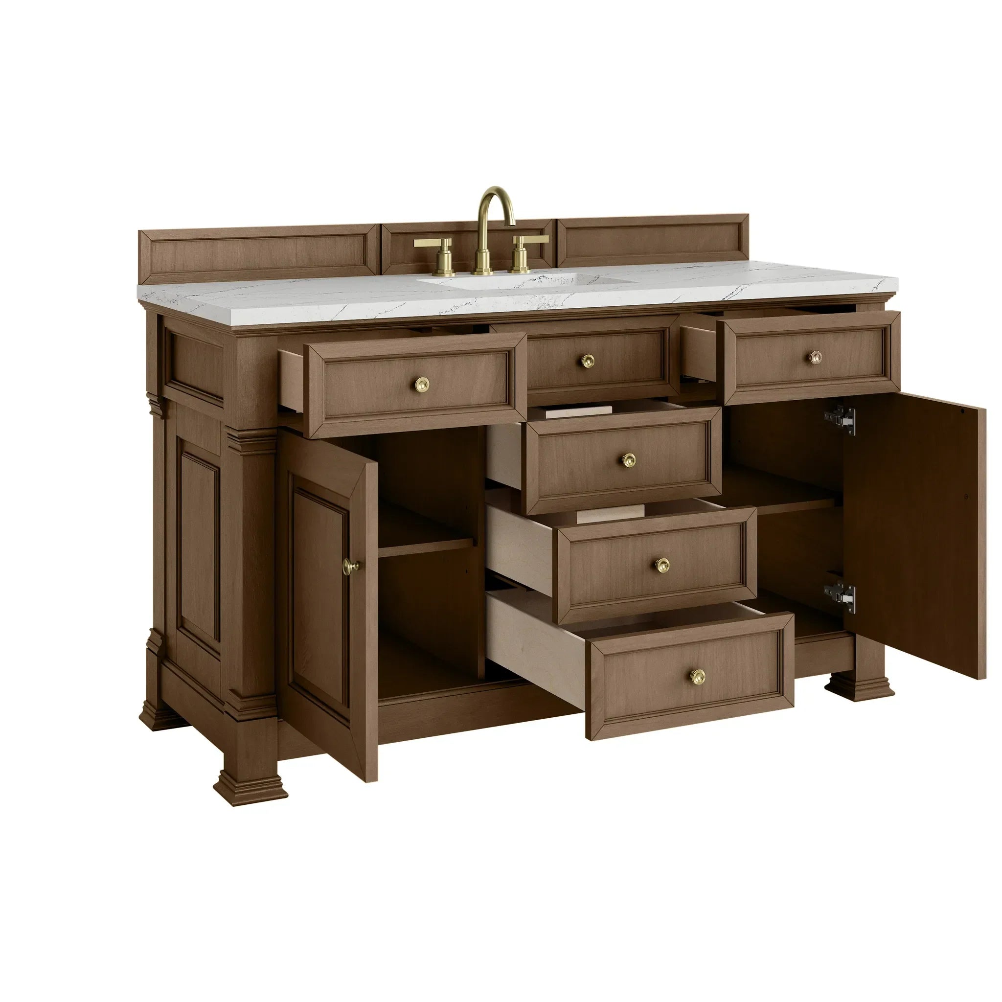 60" Brookfield Single Vanity in Pecan w/FreePower Wireless Charger-Ethereal Noctis Silestone-8" Widespread image 9
