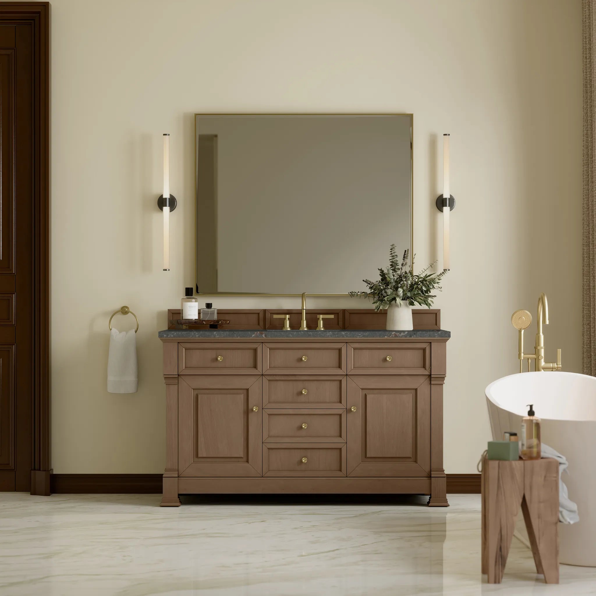 60" Brookfield Single Vanity in Pecan w/FreePower Wireless Charger-Parisien Bleu Silestone-8" Widespread image 4