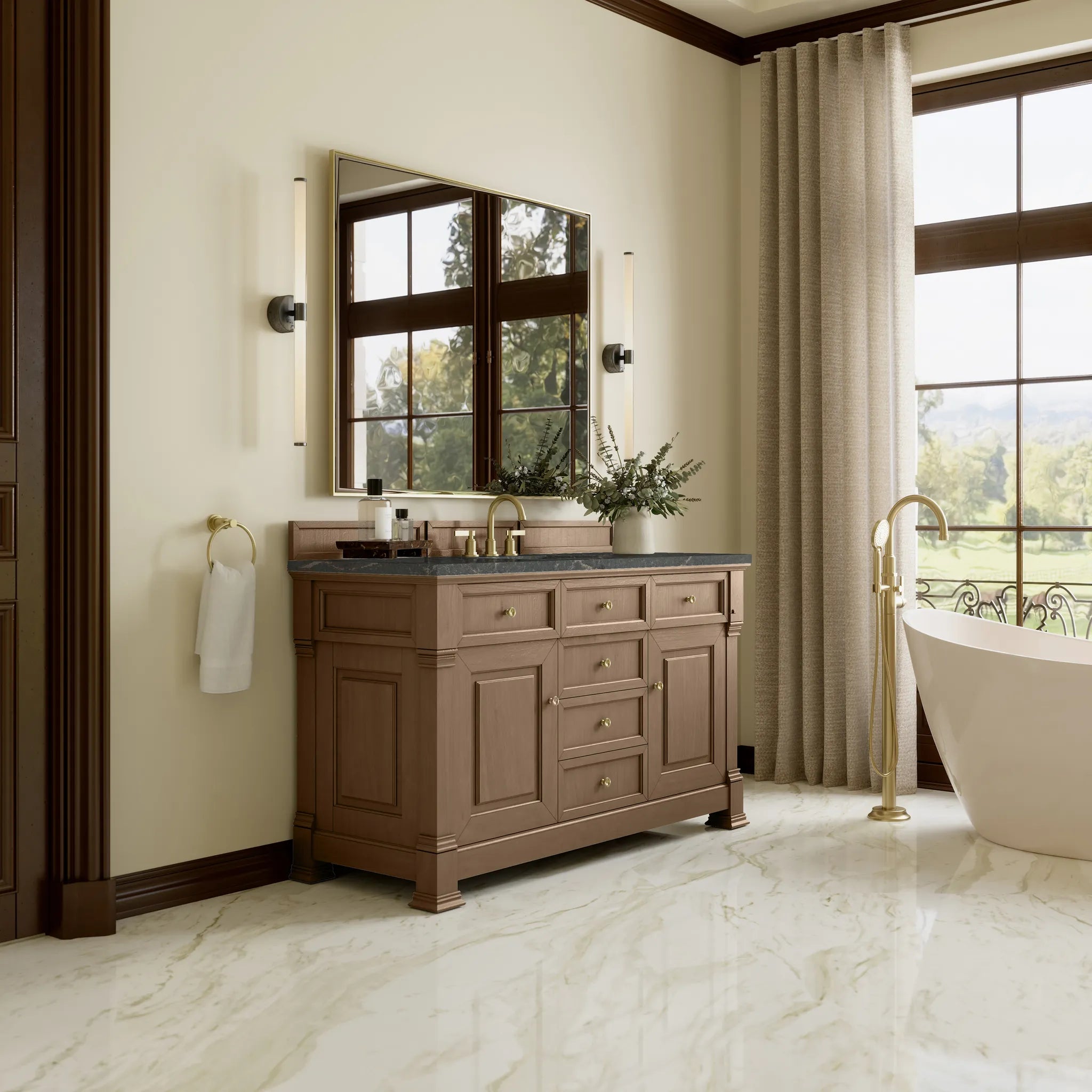 60" Brookfield Single Vanity in Pecan w/FreePower Wireless Charger-Parisien Bleu Silestone-8" Widespread image 5