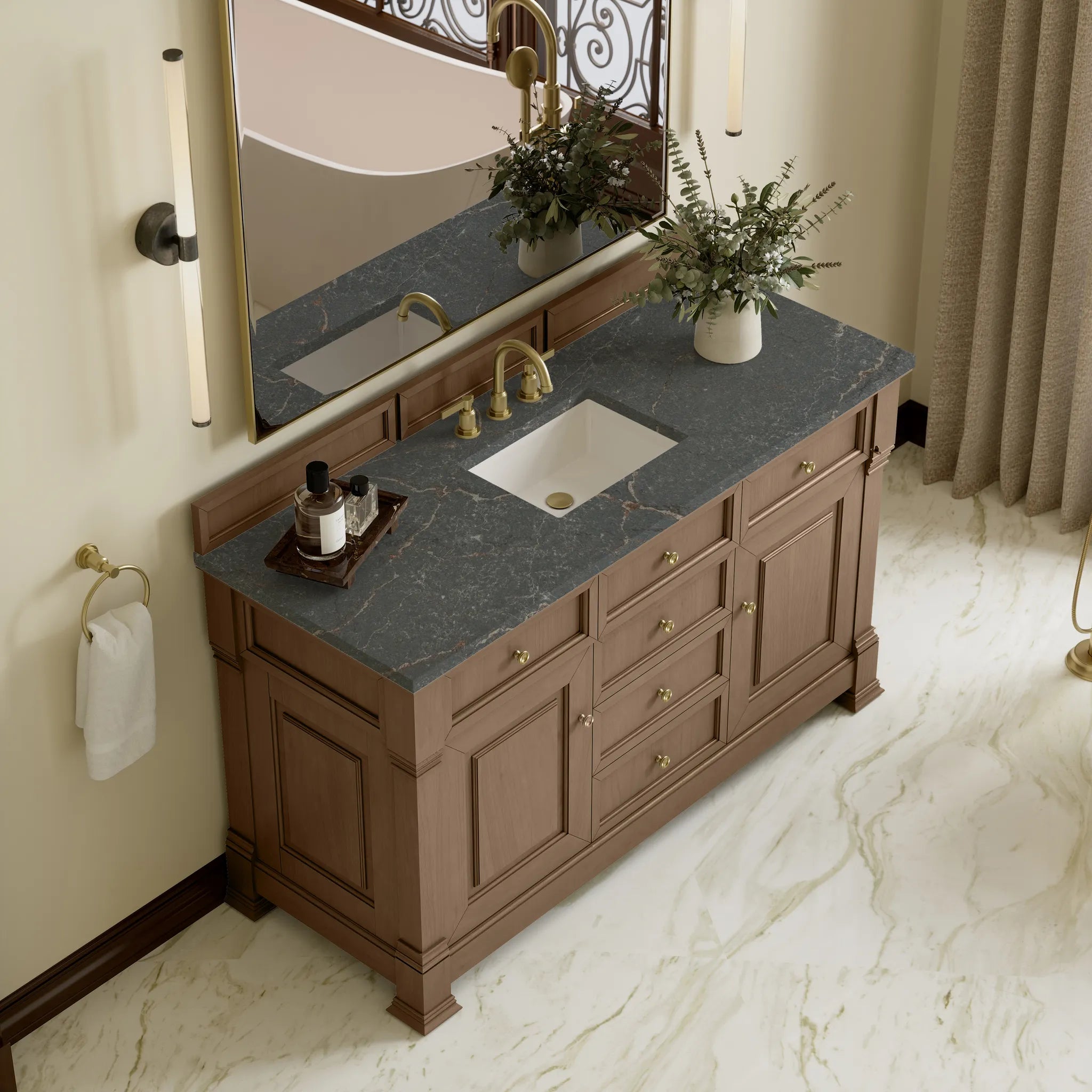 60" Brookfield Single Vanity in Pecan w/FreePower Wireless Charger-Parisien Bleu Silestone-8" Widespread image 8