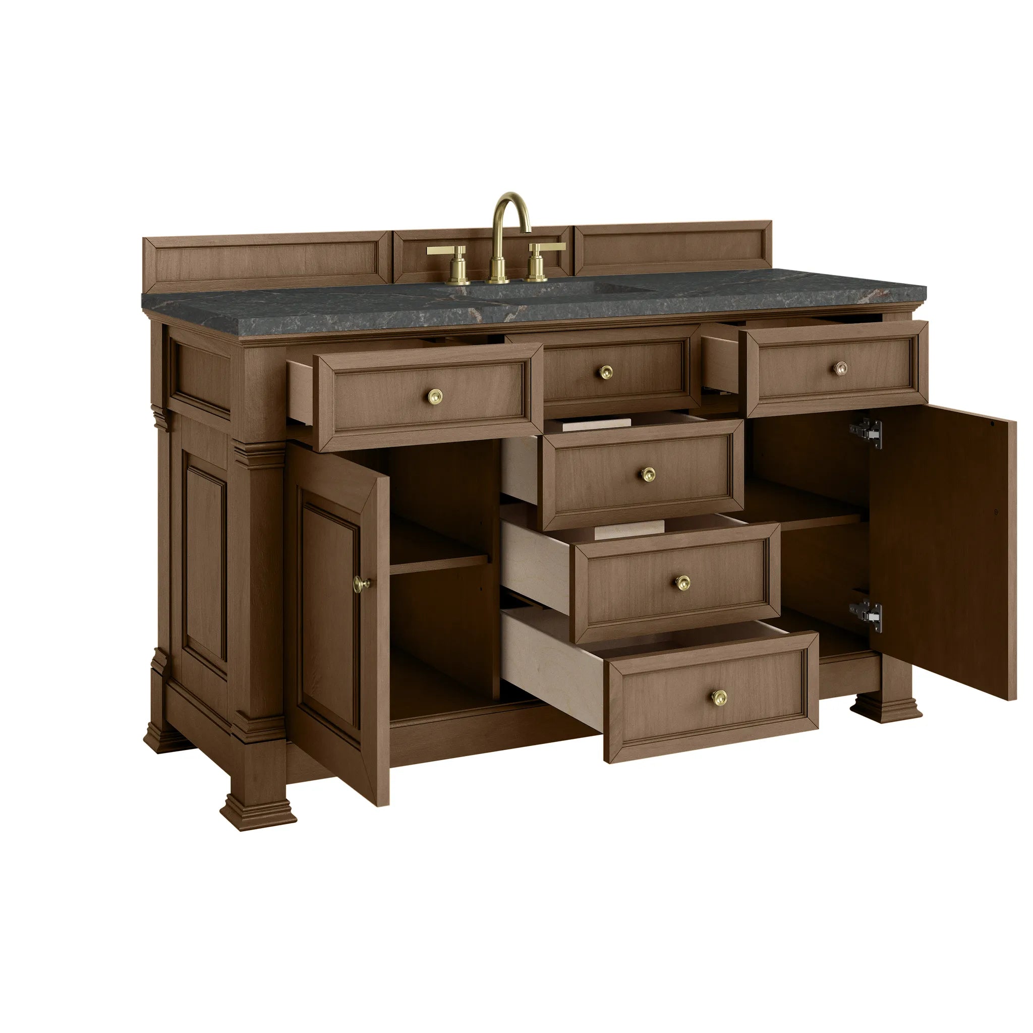 60" Brookfield Single Vanity in Pecan w/FreePower Wireless Charger-Parisien Bleu Silestone-8" Widespread image 9