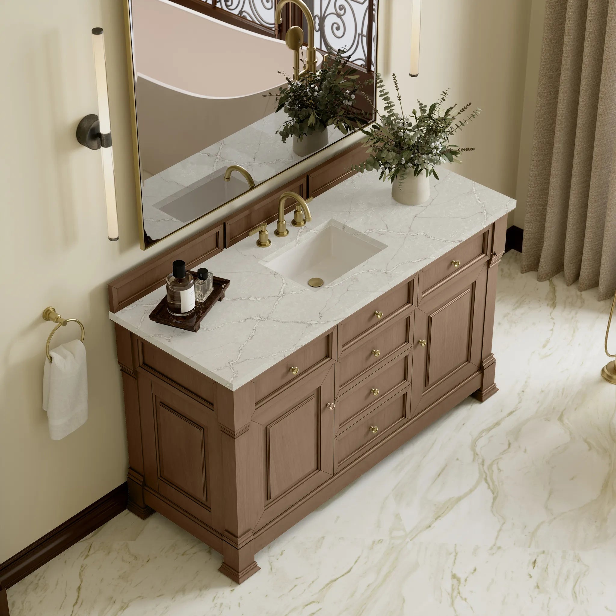 60" Brookfield Single Vanity in Pecan w/FreePower Wireless Charger-Victorian Silver Silestone-8" Widespread image 8