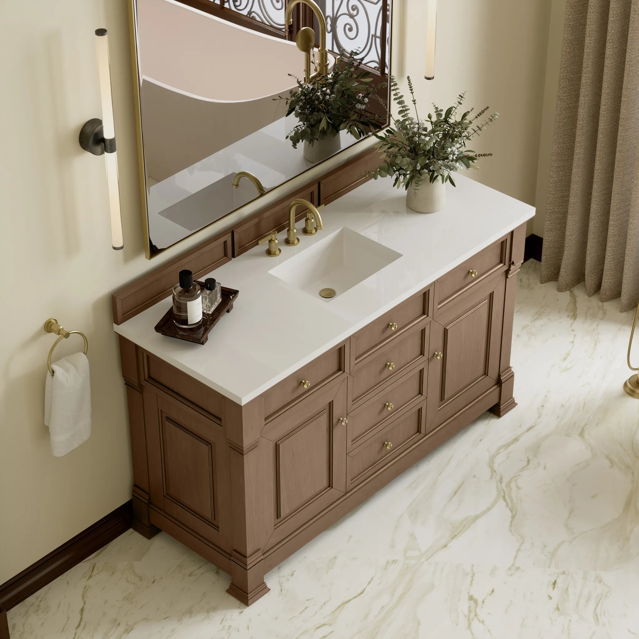 60" Brookfield Single Vanity in Pecan-White Zeus Silestone-8" Widespread image 6