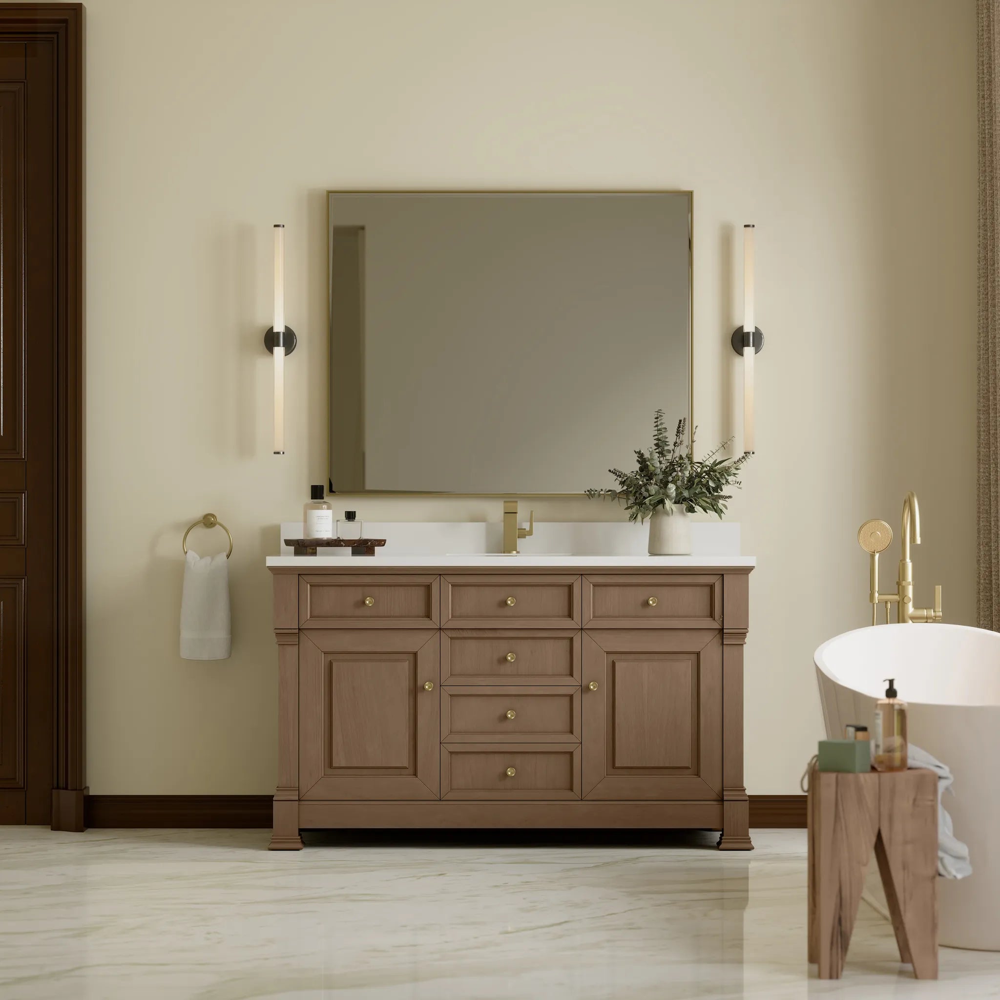 60" Brookfield Single Vanity in Pecan-White Zeus Silestone & Backsplash-Single Hole image 2