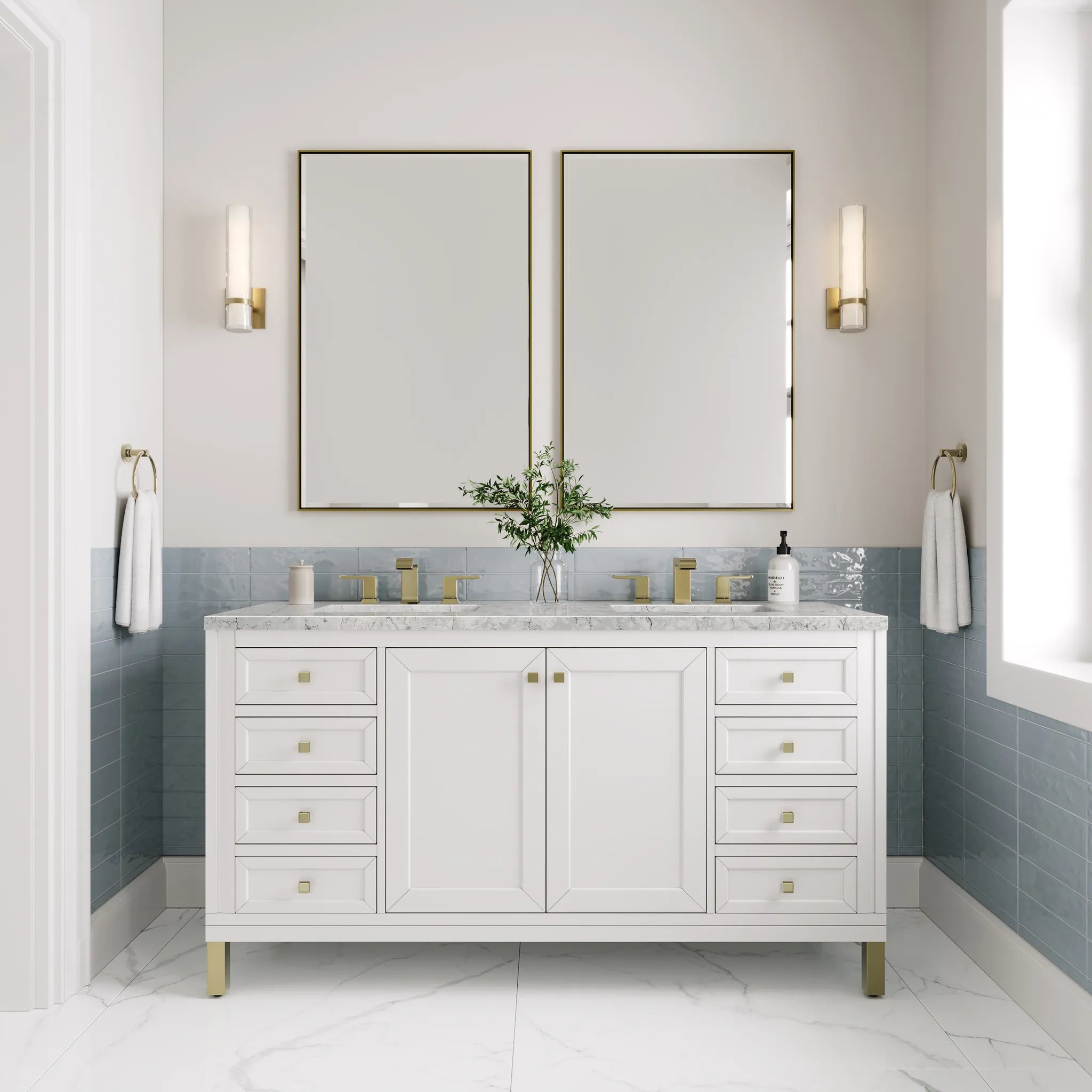 60" Chicago Double Vanity in Glossy White-Eternal Jasmine Pearl Silestone-8" Widespread image 3