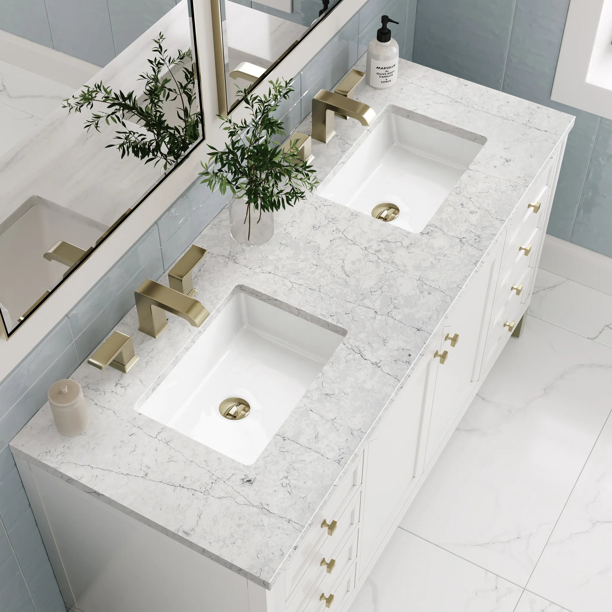 60" Chicago Double Vanity in Glossy White-Eternal Jasmine Pearl Silestone-8" Widespread image 7