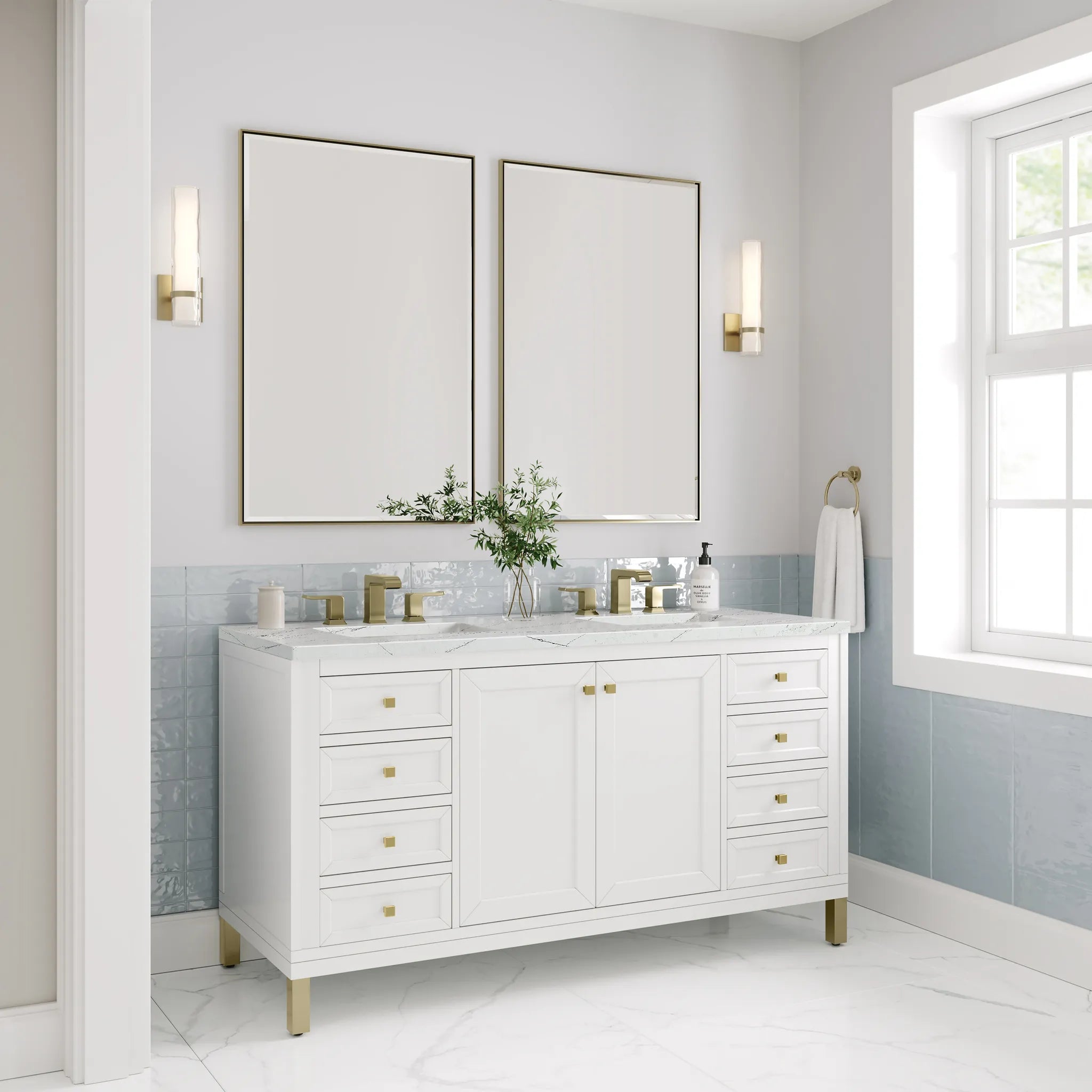 60" Chicago Double Vanity in Glossy White-Ethereal Noctis Silestone-8" Widespread image 4