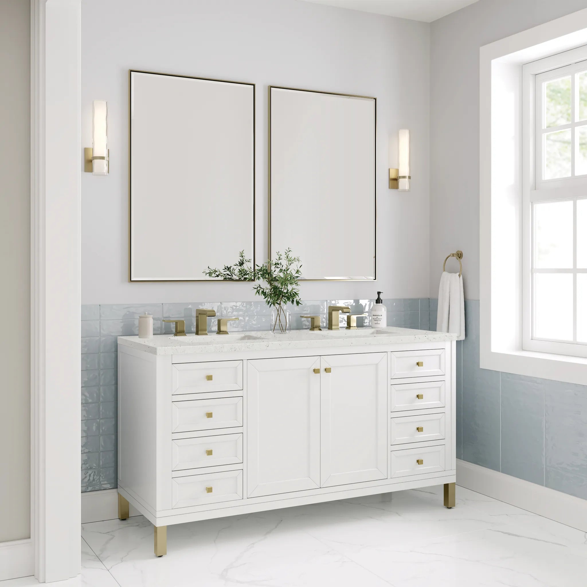 60" Chicago Double Vanity in Glossy White-Lime Delight Silestone-8" Widespread image 4