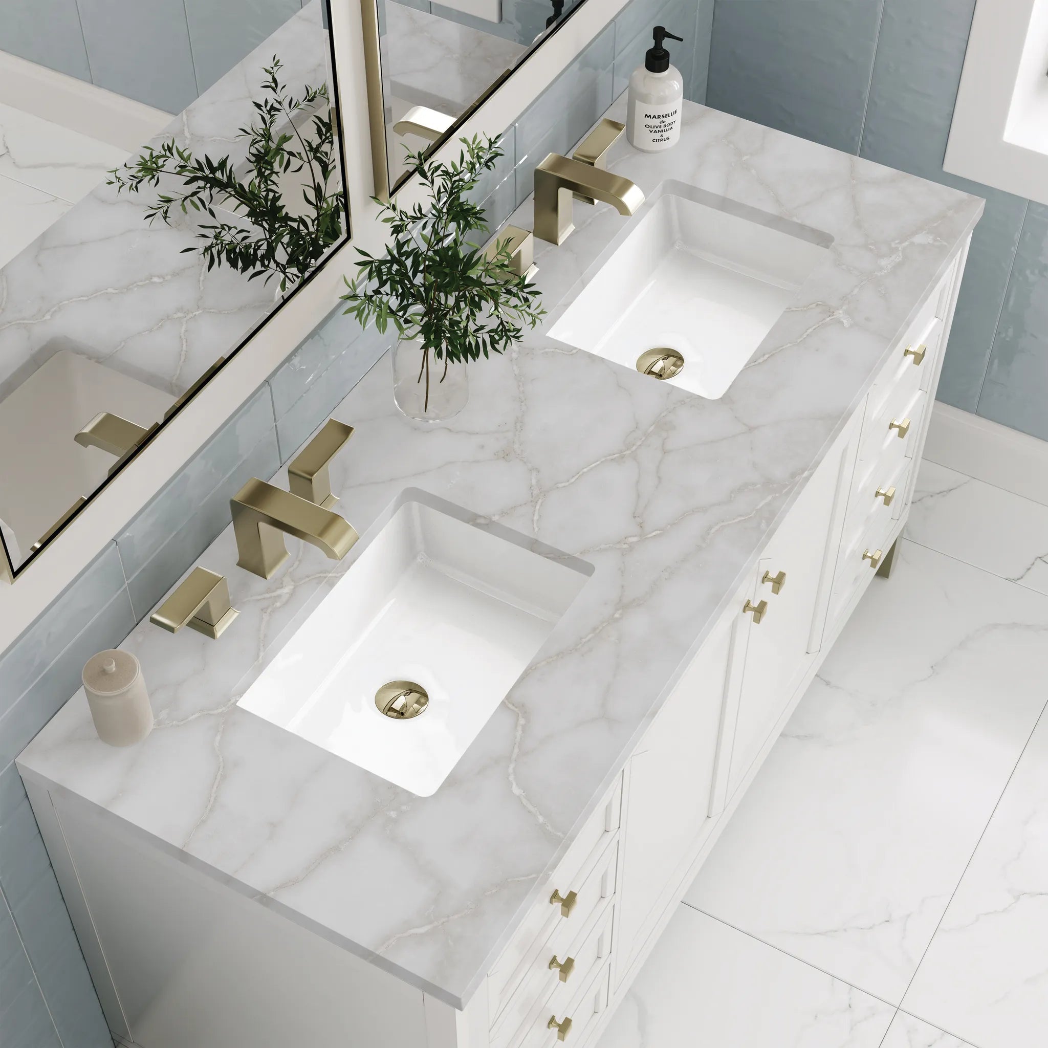 60" Chicago Double Vanity in Glossy White-Victorian Silver Silestone-8" Widespread image 7