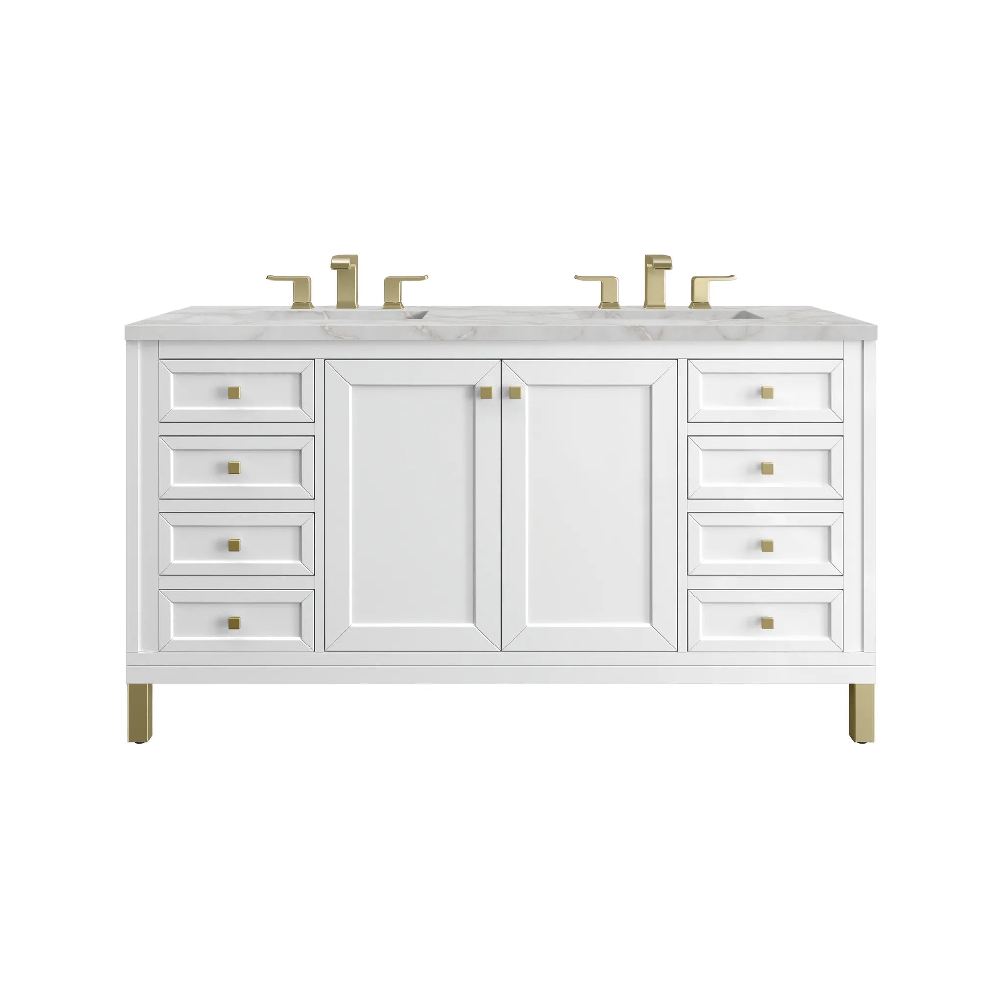 60" Chicago Double Vanity in Glossy White-Victorian Silver Silestone-8" Widespread image