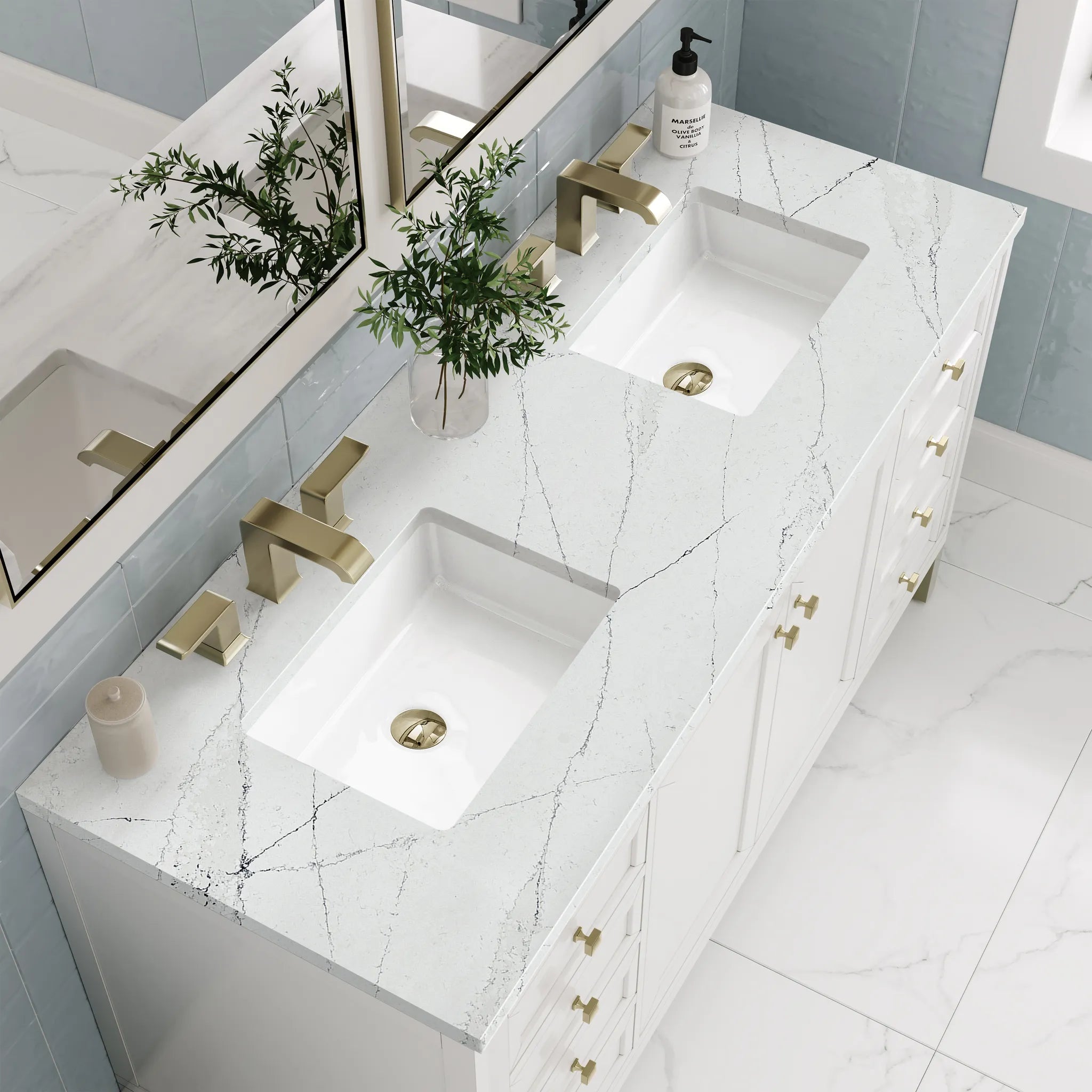 60" Chicago Double Vanity in Glossy White w/FreePower Wireless Charger-Ethereal Noctis Silestone-8" Widespread image 10