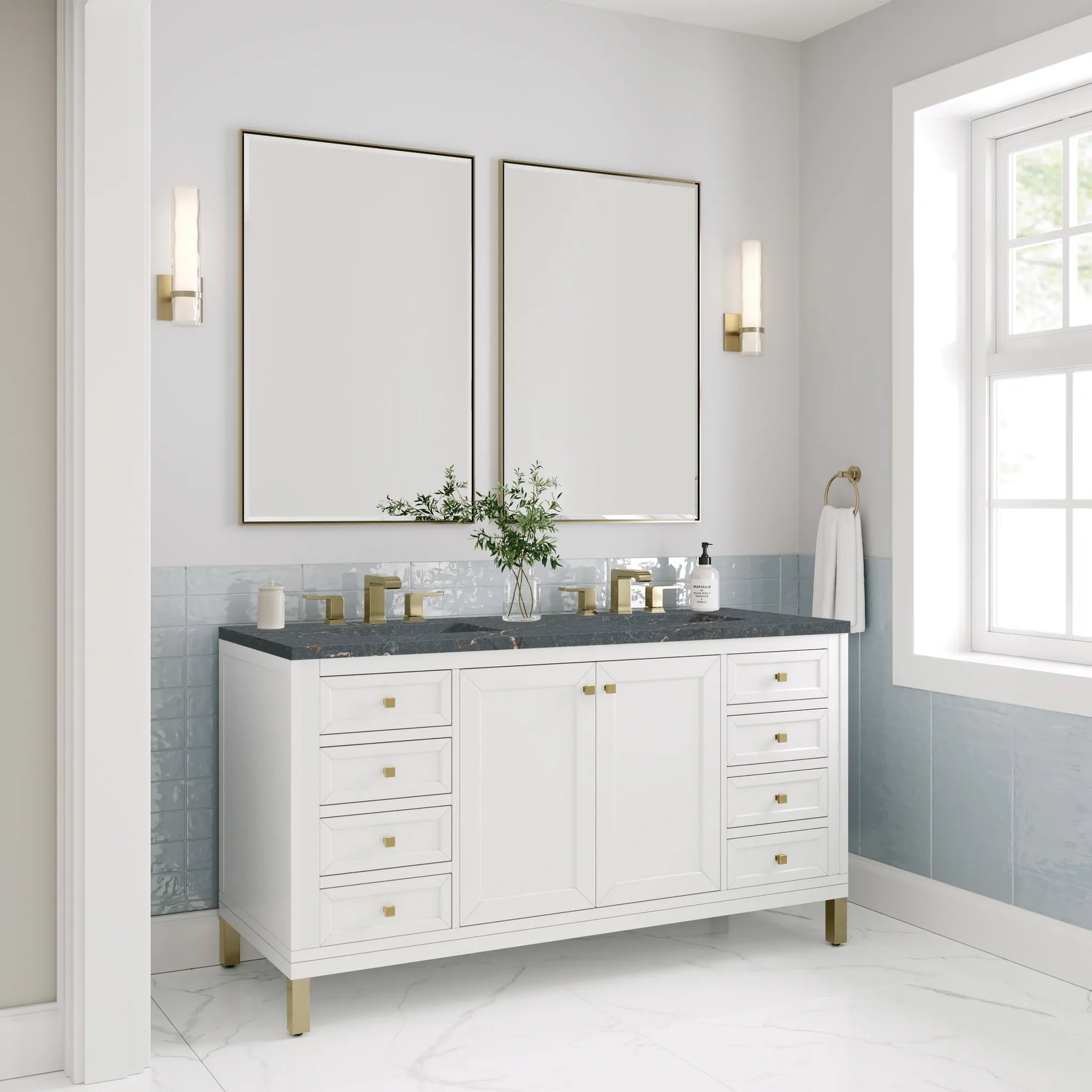 60" Chicago Double Vanity in Glossy White w/FreePower Wireless Charger-Parisien Bleu Silestone-8" Widespread image 7