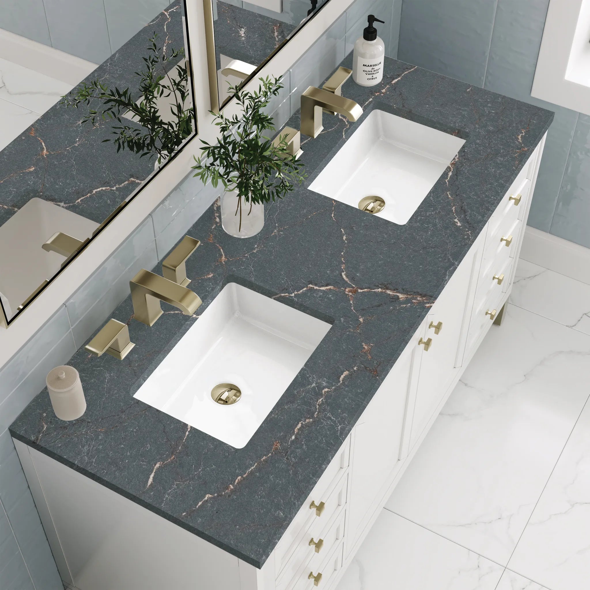 60" Chicago Double Vanity in Glossy White w/FreePower Wireless Charger-Parisien Bleu Silestone-8" Widespread image 9