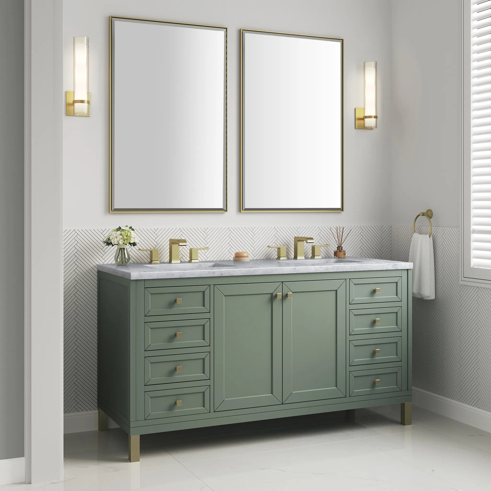 60" Chicago Double Vanity in Smokey Celadon-Carrara White Marble-8" Widespread image 5