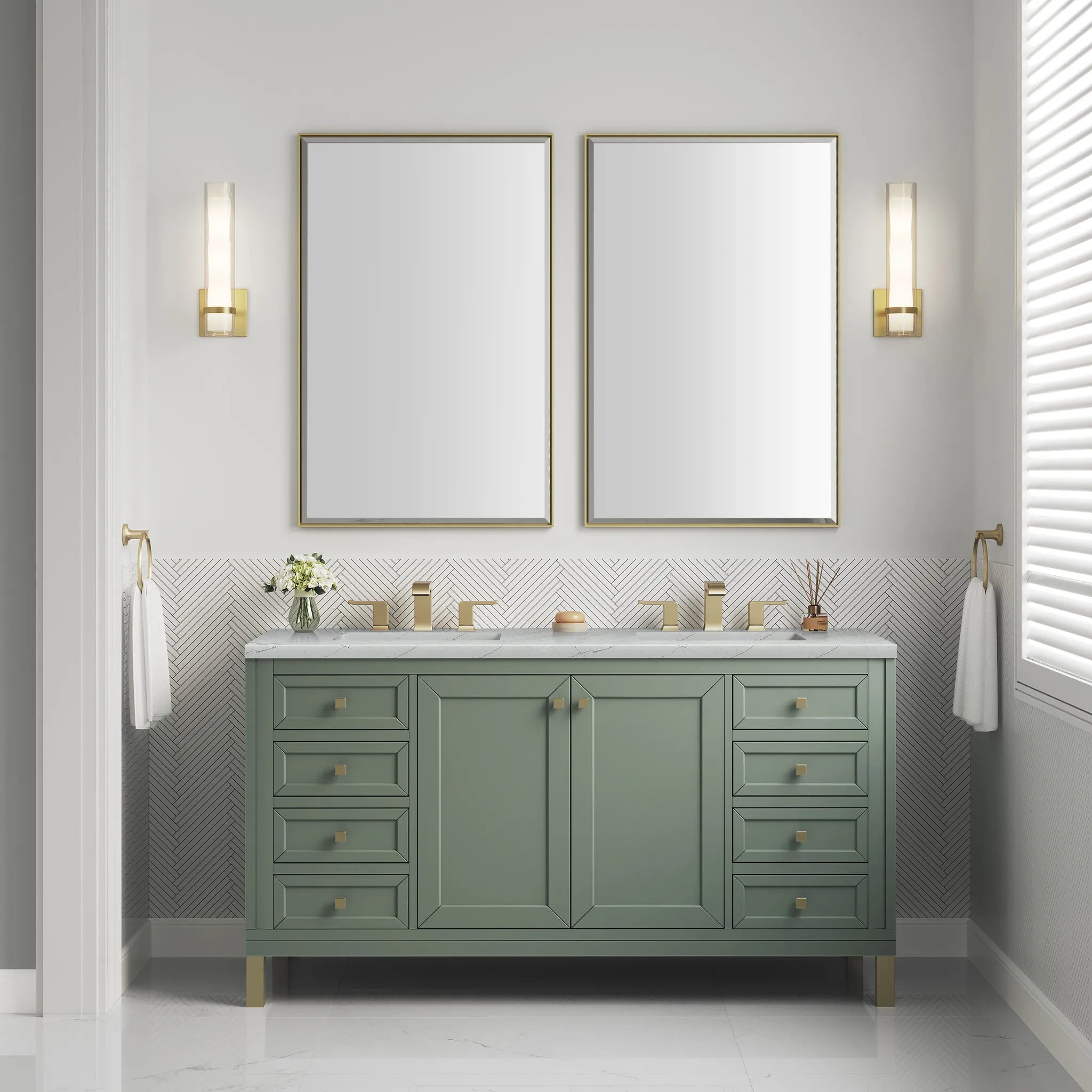 60" Chicago Double Vanity in Smokey Celadon w/FreePower Wireless Charger-Ethereal Noctis Silestone-8" Widespread image 7