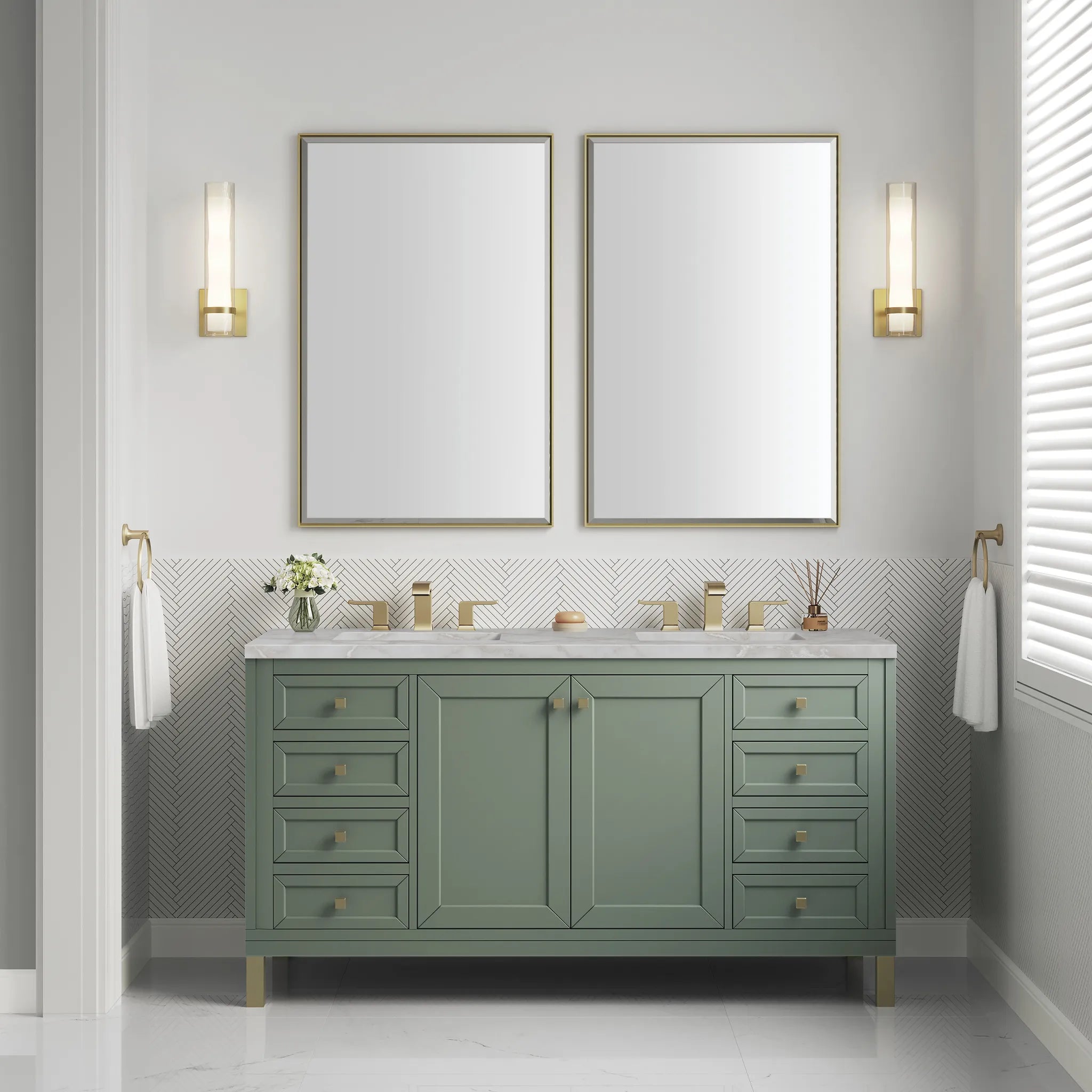 60" Chicago Double Vanity in Smokey Celadon w/FreePower Wireless Charger-Victorian Silver Silestone-8" Widespread image 6