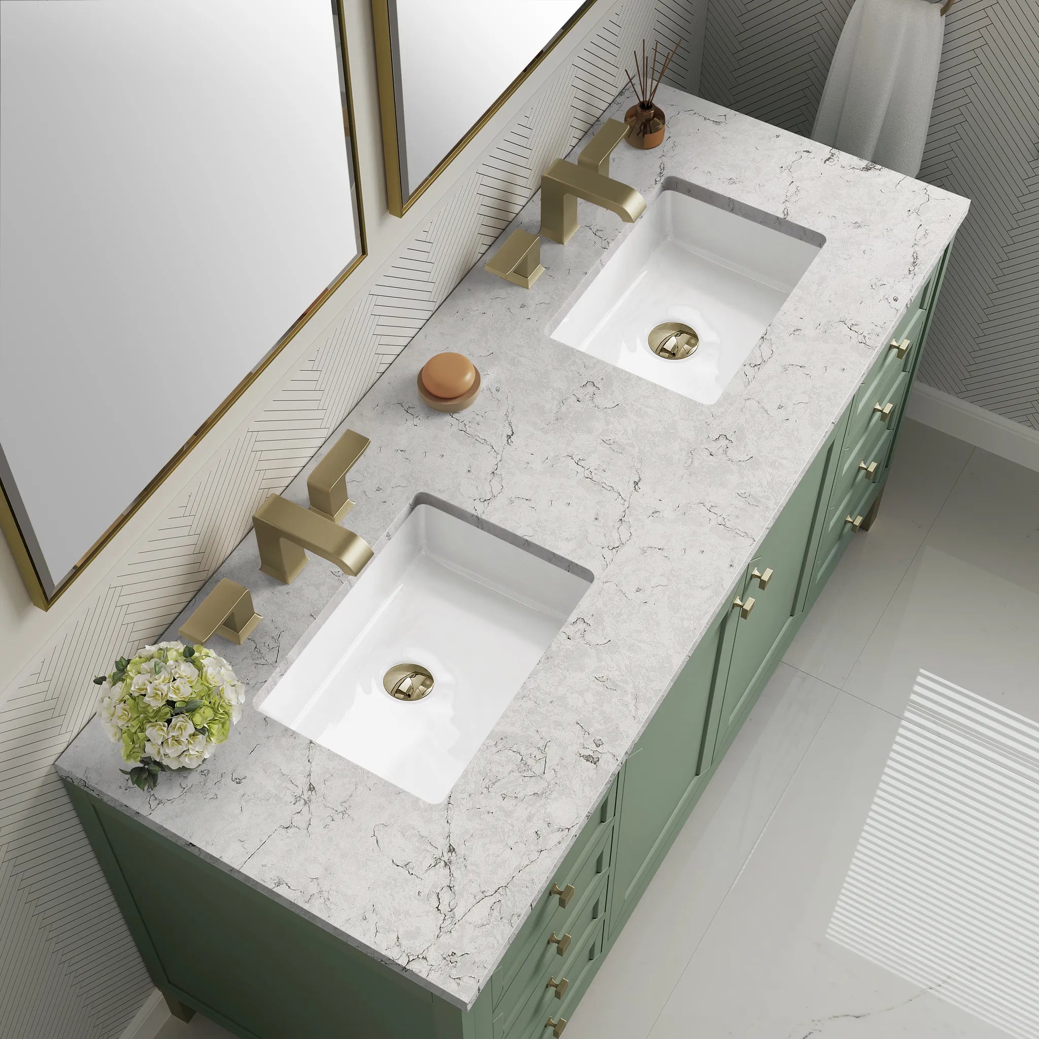 60" Chicago Double Vanity in Smokey Celadon Wireless Charger-Eternal Jasmine Pearl Silestone-8" Widespread image 11