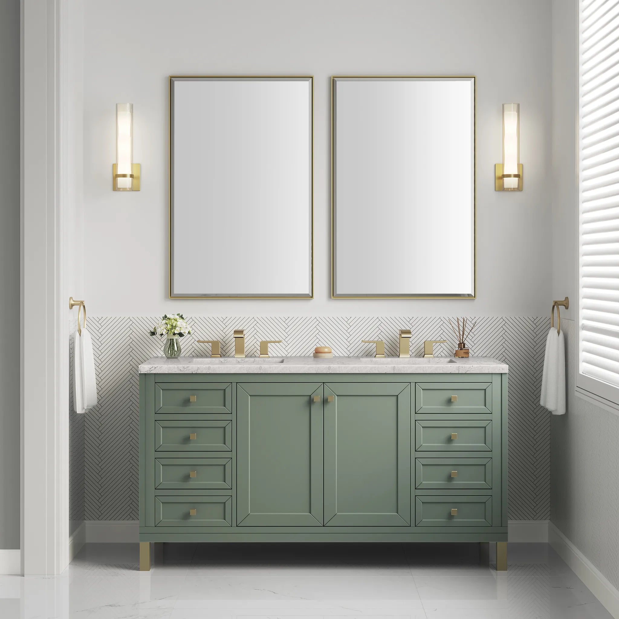 60" Chicago Double Vanity in Smokey Celadon Wireless Charger-Eternal Jasmine Pearl Silestone-8" Widespread image 7