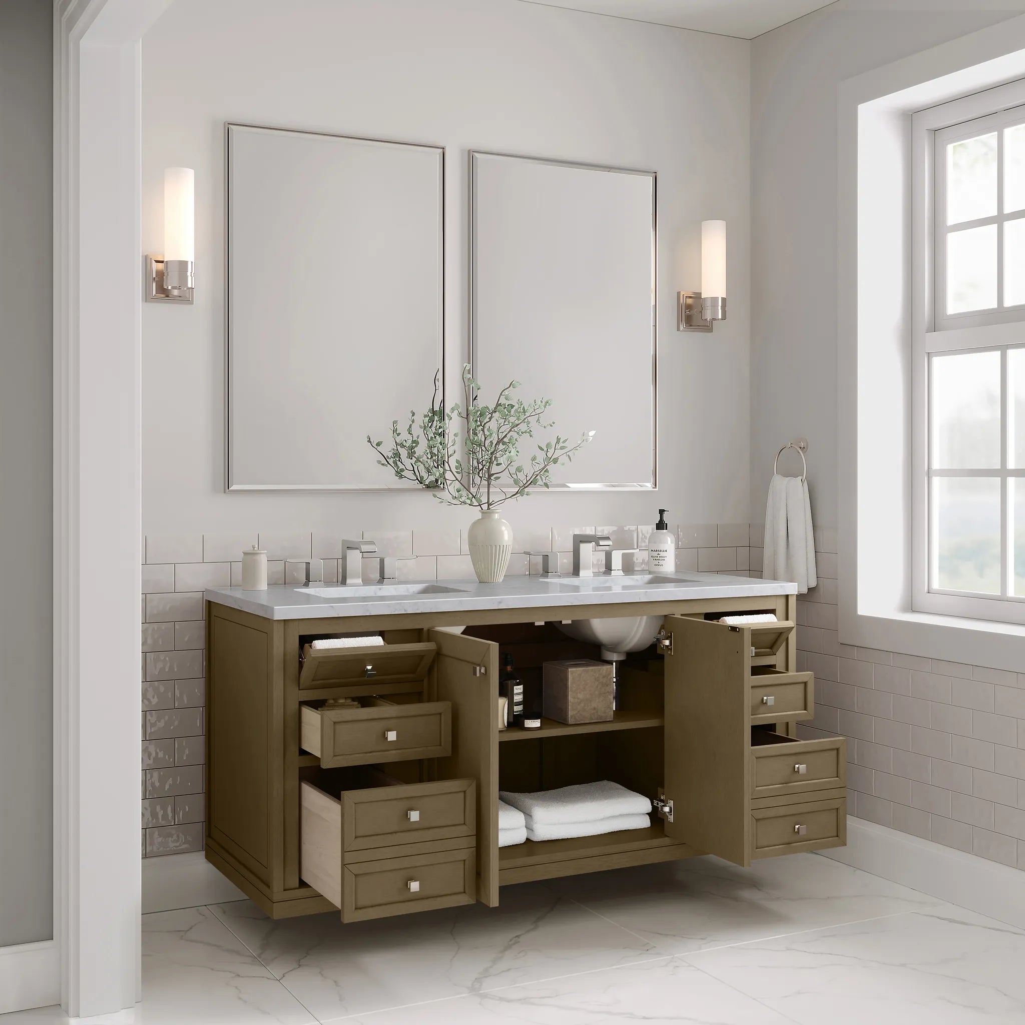 60" Chicago Double Vanity in Walnut Whisper-Carrara White Marble-8" Widespread image 10