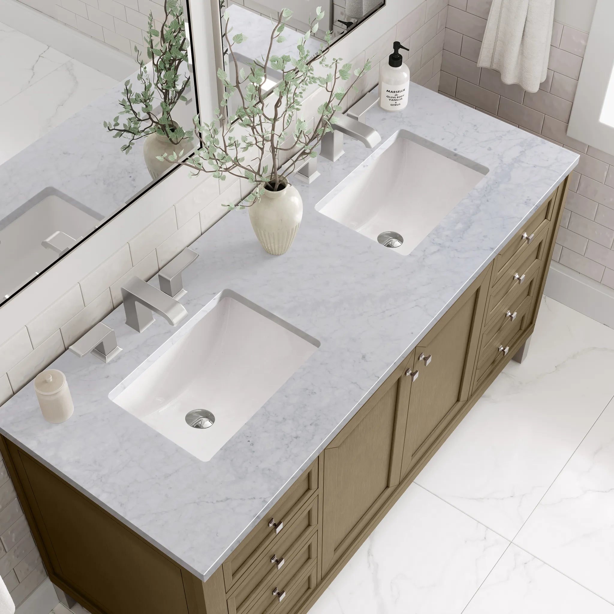 60" Chicago Double Vanity in Walnut Whisper-Carrara White Marble-8" Widespread image 12