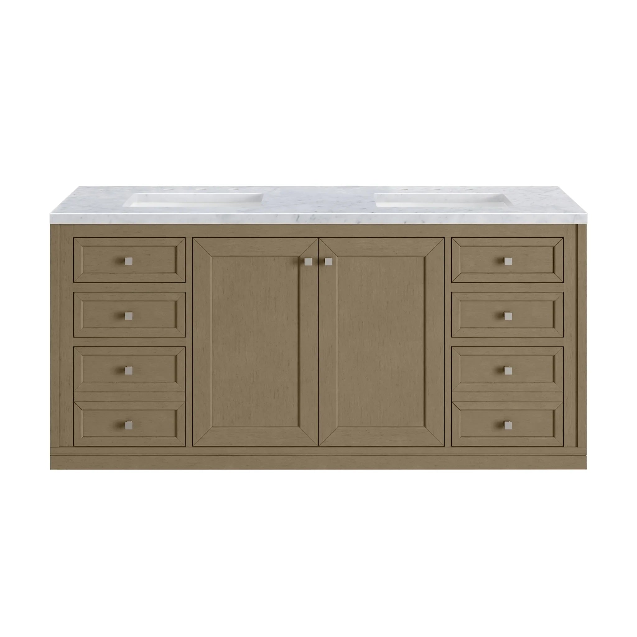 60" Chicago Double Vanity in Walnut Whisper-Carrara White Marble-8" Widespread image 3