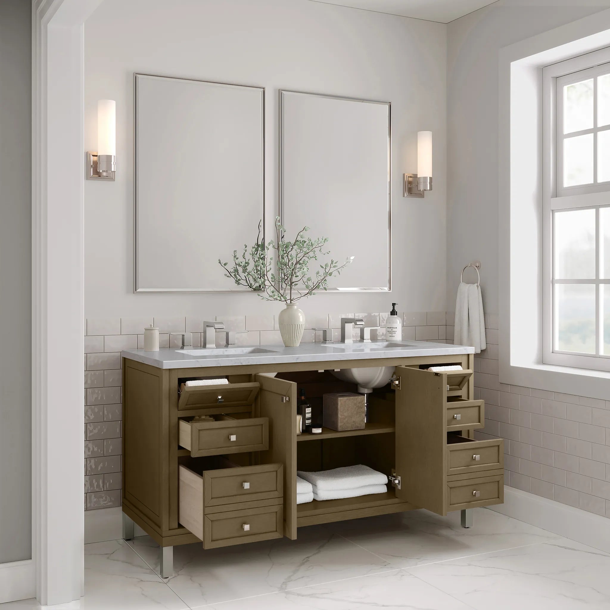 60" Chicago Double Vanity in Walnut Whisper-Carrara White Marble-8" Widespread image 9