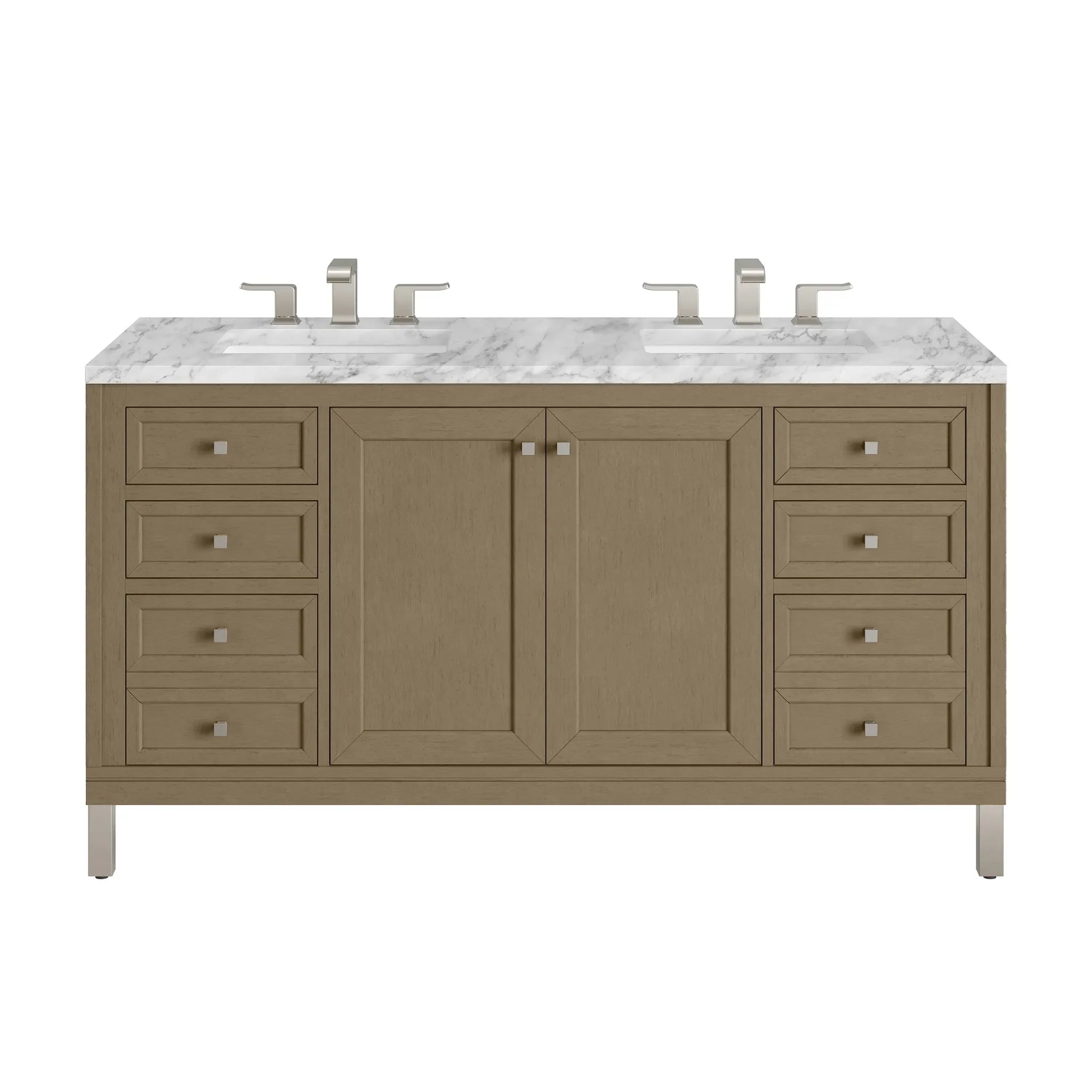 60" Chicago Double Vanity in Walnut Whisper-Carrara White Marble-8" Widespread image