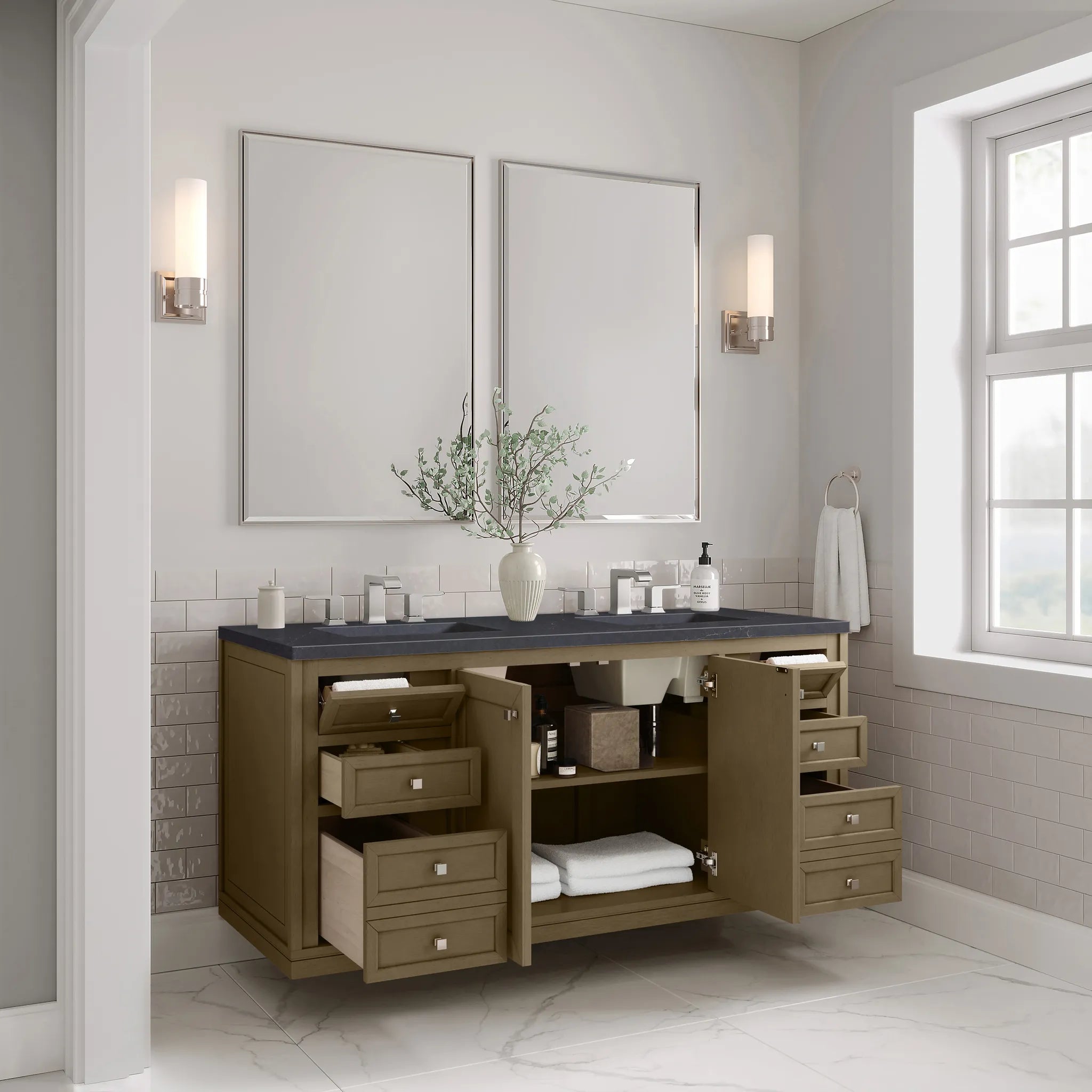 60" Chicago Double Vanity in Walnut Whisper-Charcoal Soapstone Silestone-8" Widespread image 10