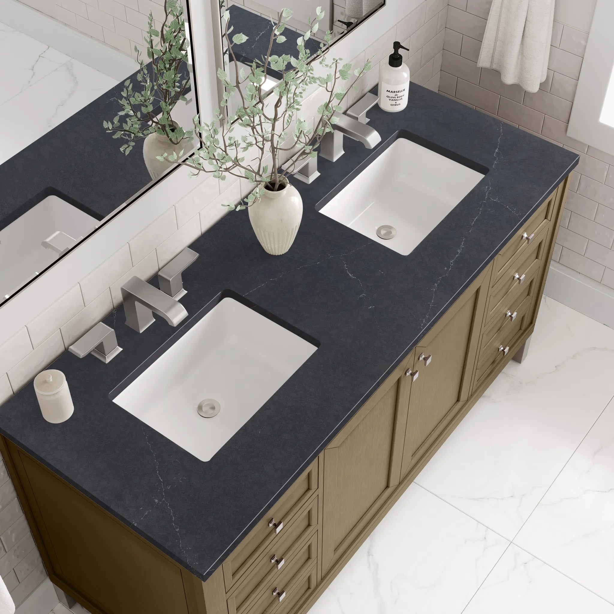 60" Chicago Double Vanity in Walnut Whisper-Charcoal Soapstone Silestone-8" Widespread image 12