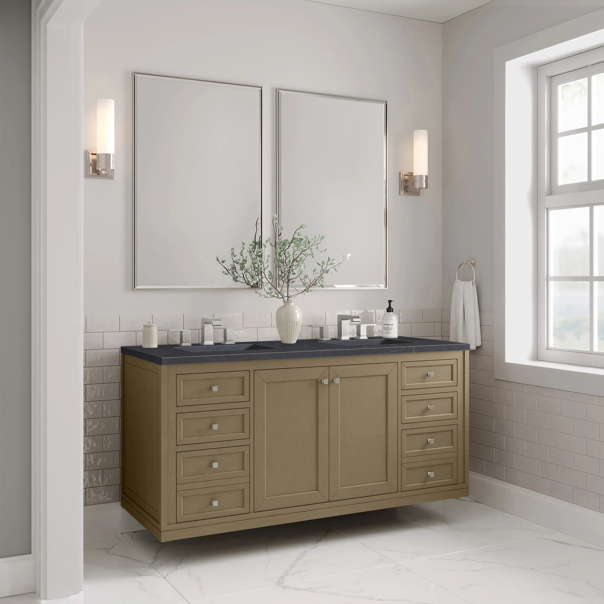 60" Chicago Double Vanity in Walnut Whisper-Charcoal Soapstone Silestone-8" Widespread image 8