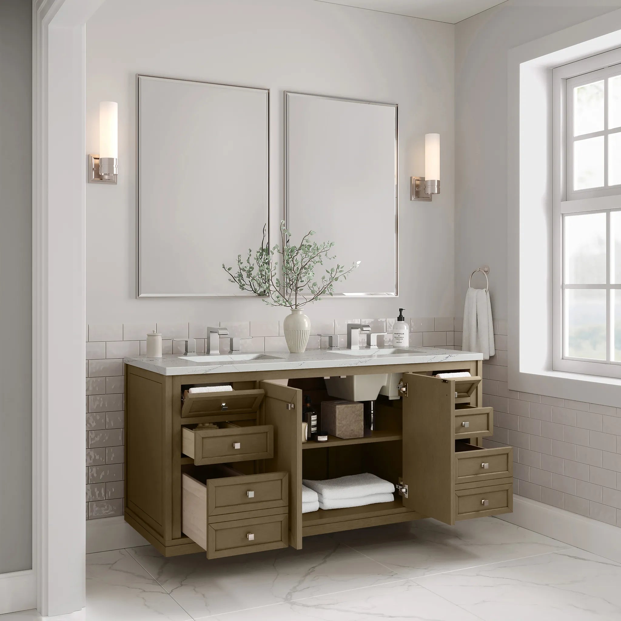 60" Chicago Double Vanity in Walnut Whisper-Ethereal Noctis Silestone-8" Widespread image 10