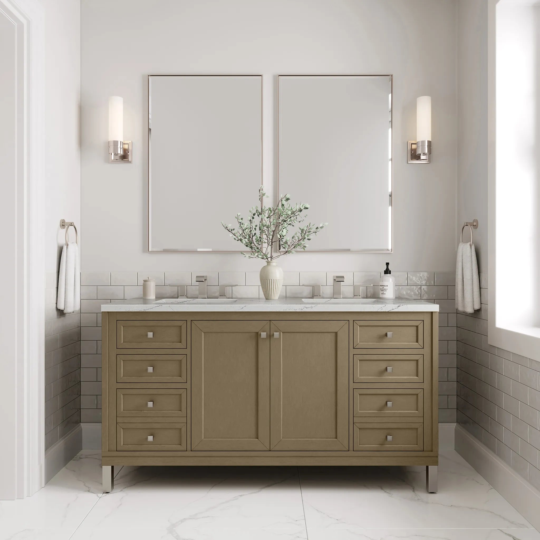 60" Chicago Double Vanity in Walnut Whisper-Ethereal Noctis Silestone-8" Widespread image 5