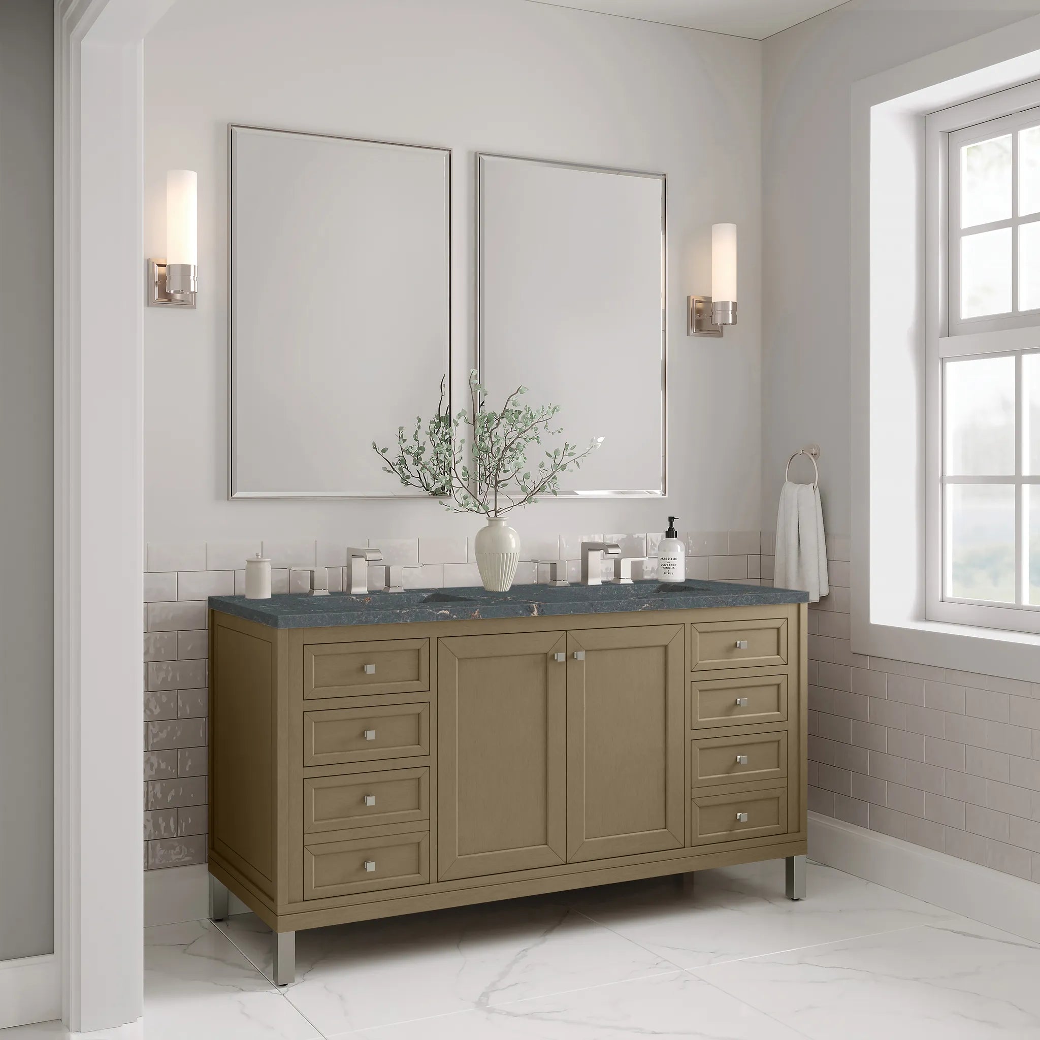 60" Chicago Double Vanity in Walnut Whisper-Parisien Bleu Silestone-8" Widespread image 3