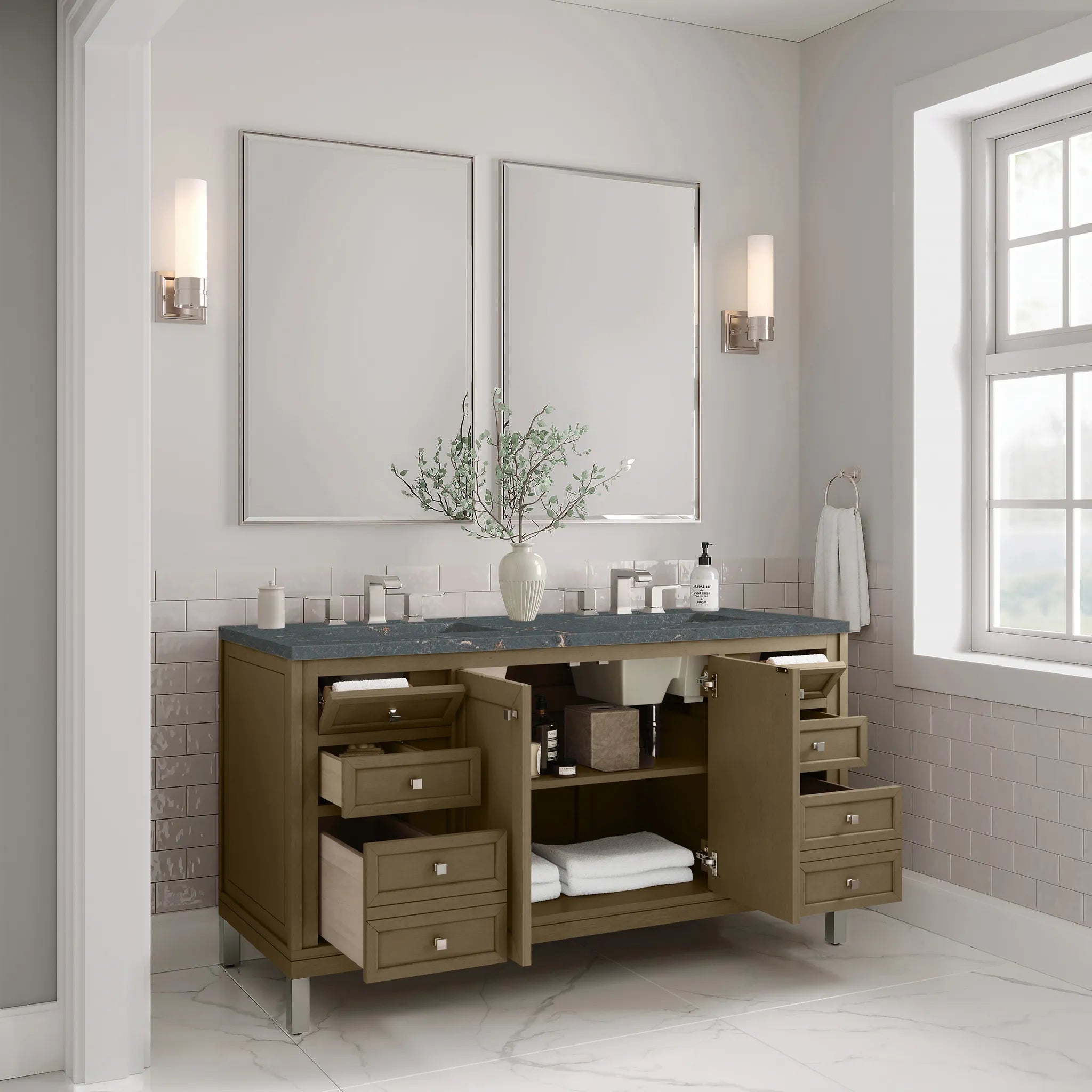 60" Chicago Double Vanity in Walnut Whisper-Parisien Bleu Silestone-8" Widespread image 4