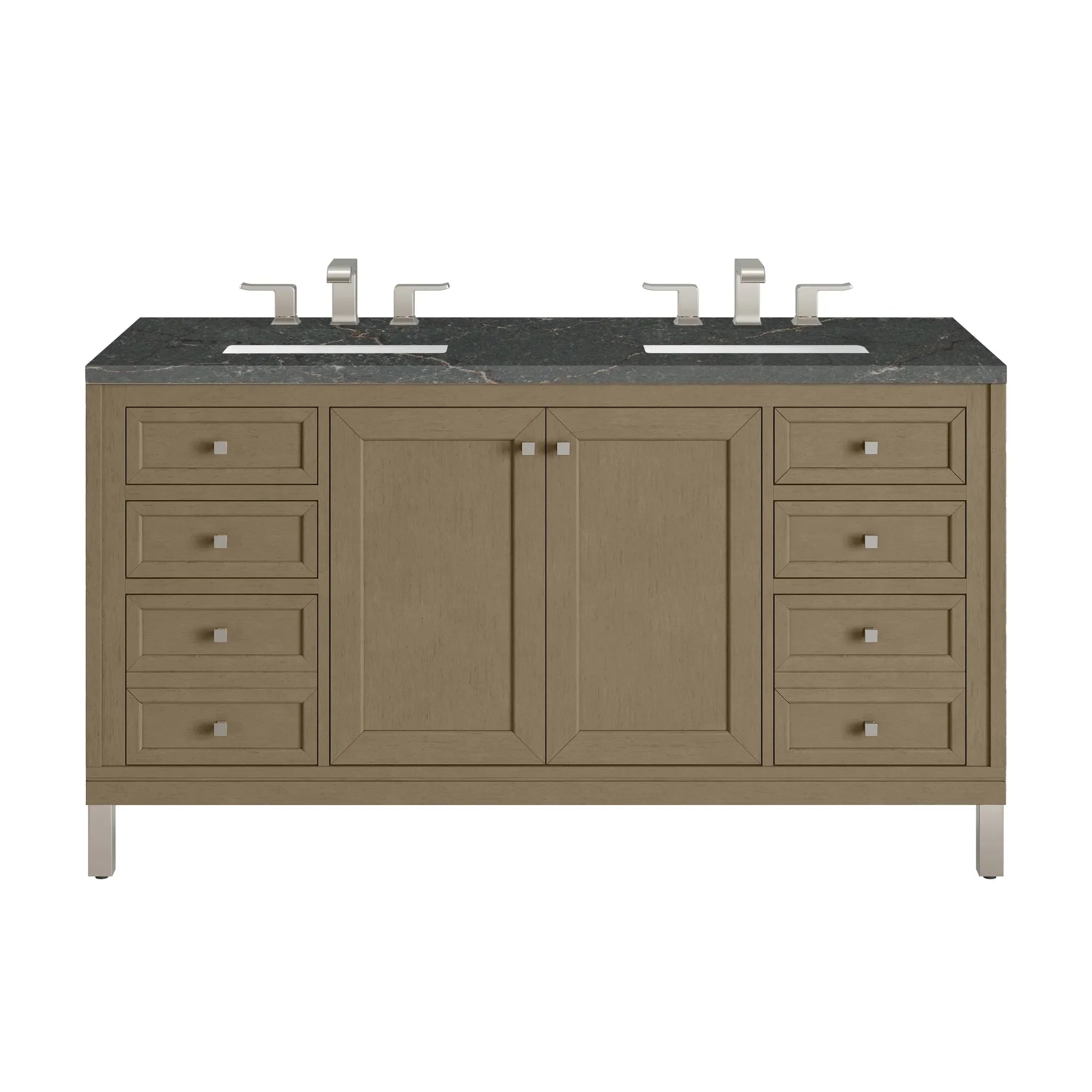 60" Chicago Double Vanity in Walnut Whisper-Parisien Bleu Silestone-8" Widespread image