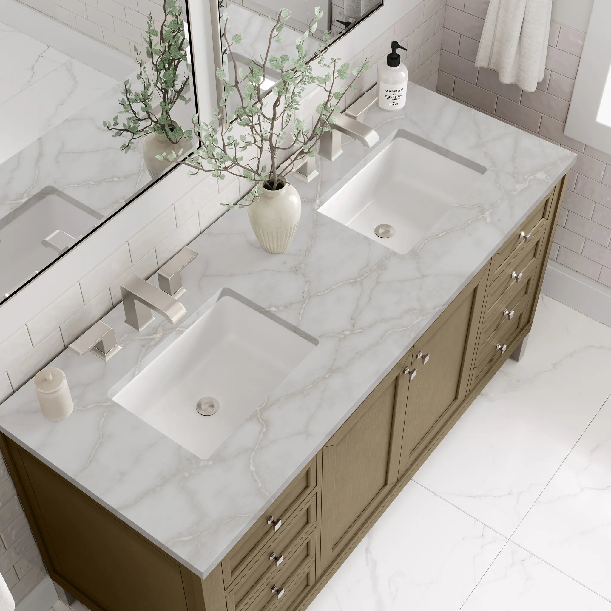 60" Chicago Double Vanity in Walnut Whisper-Victorian Silver Silestone-8" Widespread image 6