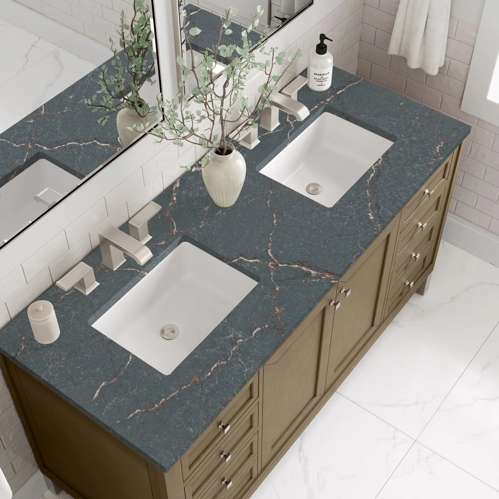 60" Chicago Double Vanity in Walnut Whisper w/FreePower Wireless Charger-Parisien Bleu Silestone-8" Widespread image 9