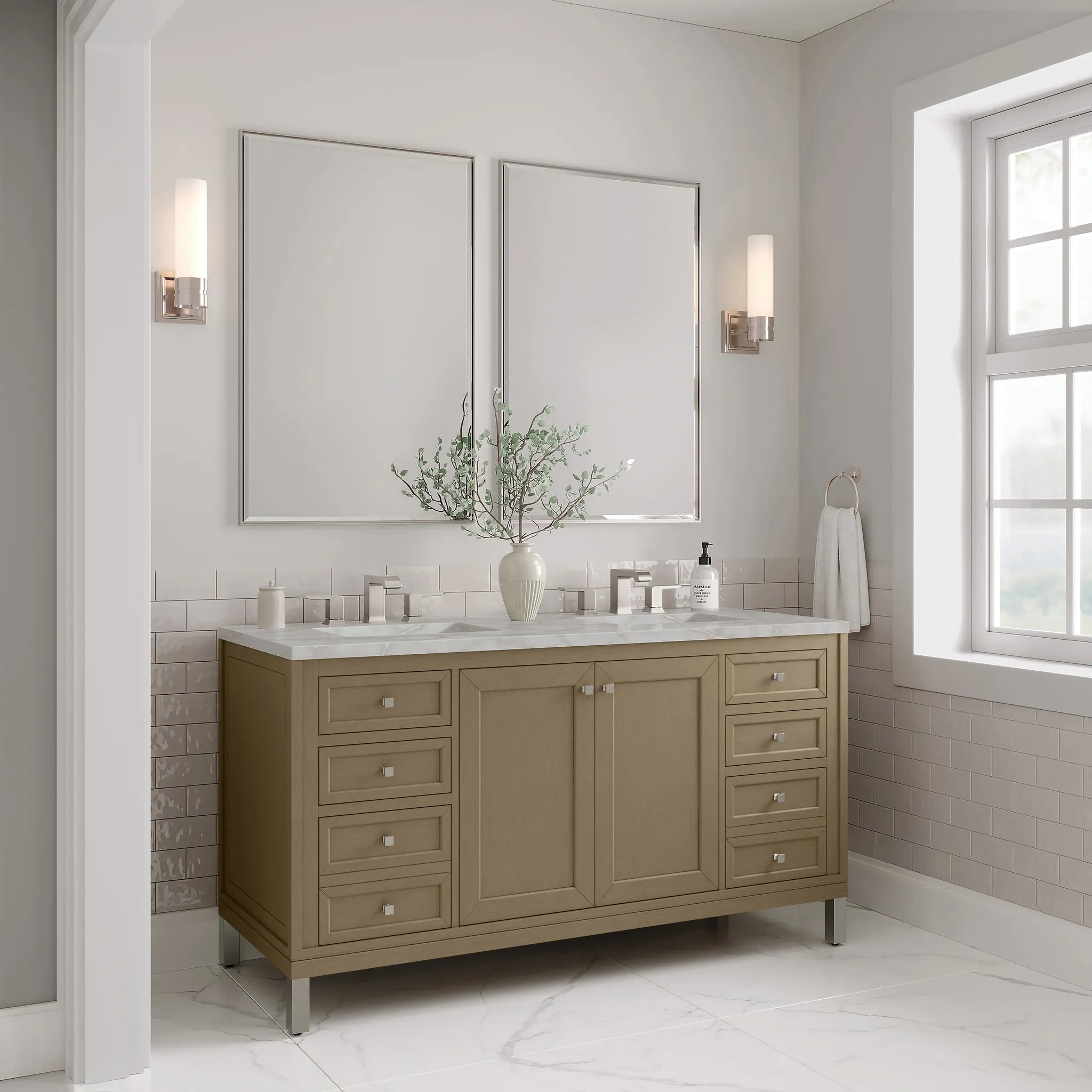 60" Chicago Double Vanity in Walnut Whisper w/FreePower Wireless Charger-Victorian Silver Silestone-8" Widespread image 6
