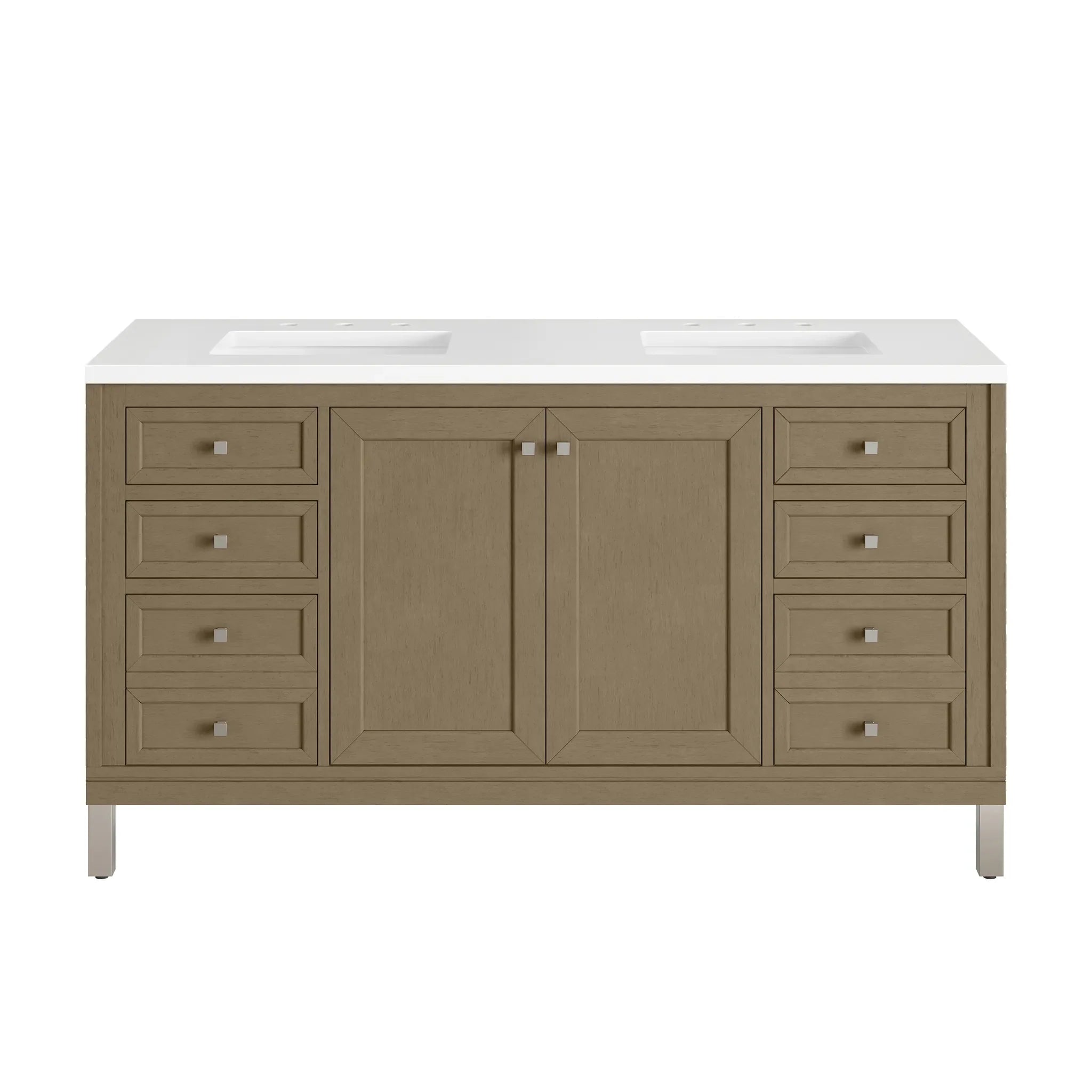 60" Chicago Double Vanity in Walnut Whisper-White Zeus Silestone-8" Widespread image 1