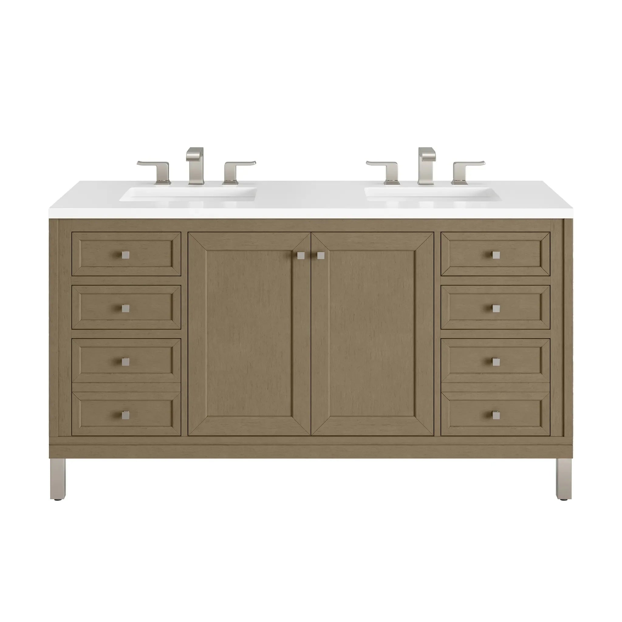 60" Chicago Double Vanity in Walnut Whisper-White Zeus Silestone-8" Widespread image