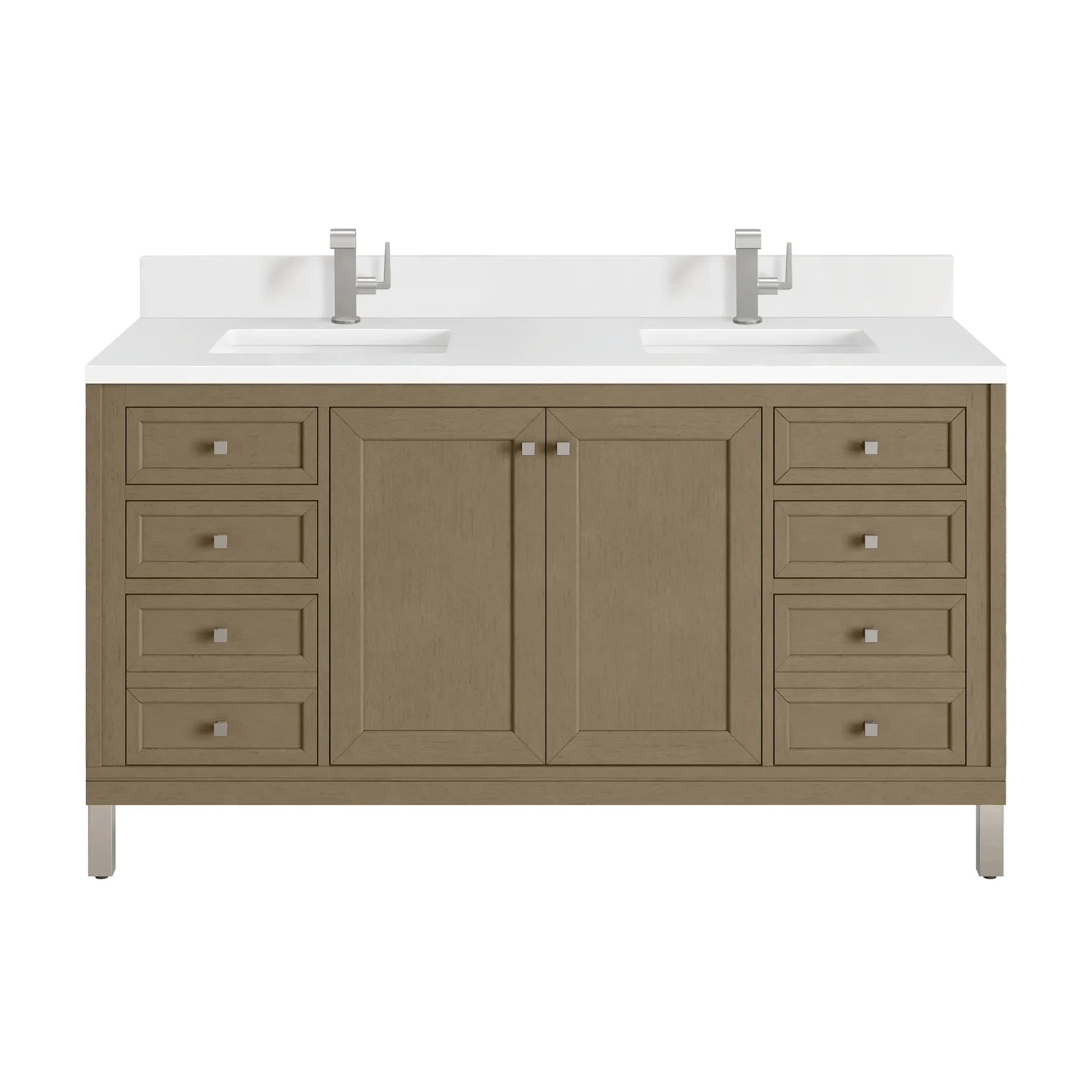 60" Chicago Double Vanity in Walnut Whisper-White Zeus Silestone & Backsplash-Single Hole image