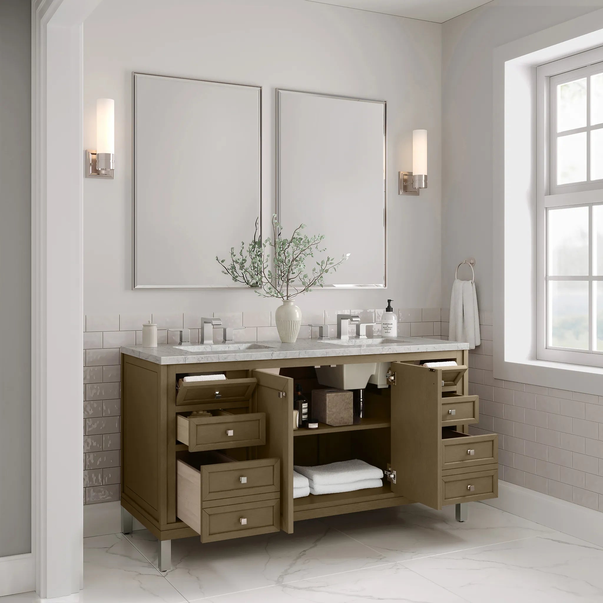 60" Chicago Double Vanity in Walnut Whisper Wireless Charger-Eternal Jasmine Pearl Silestone-8" Widespread image 12