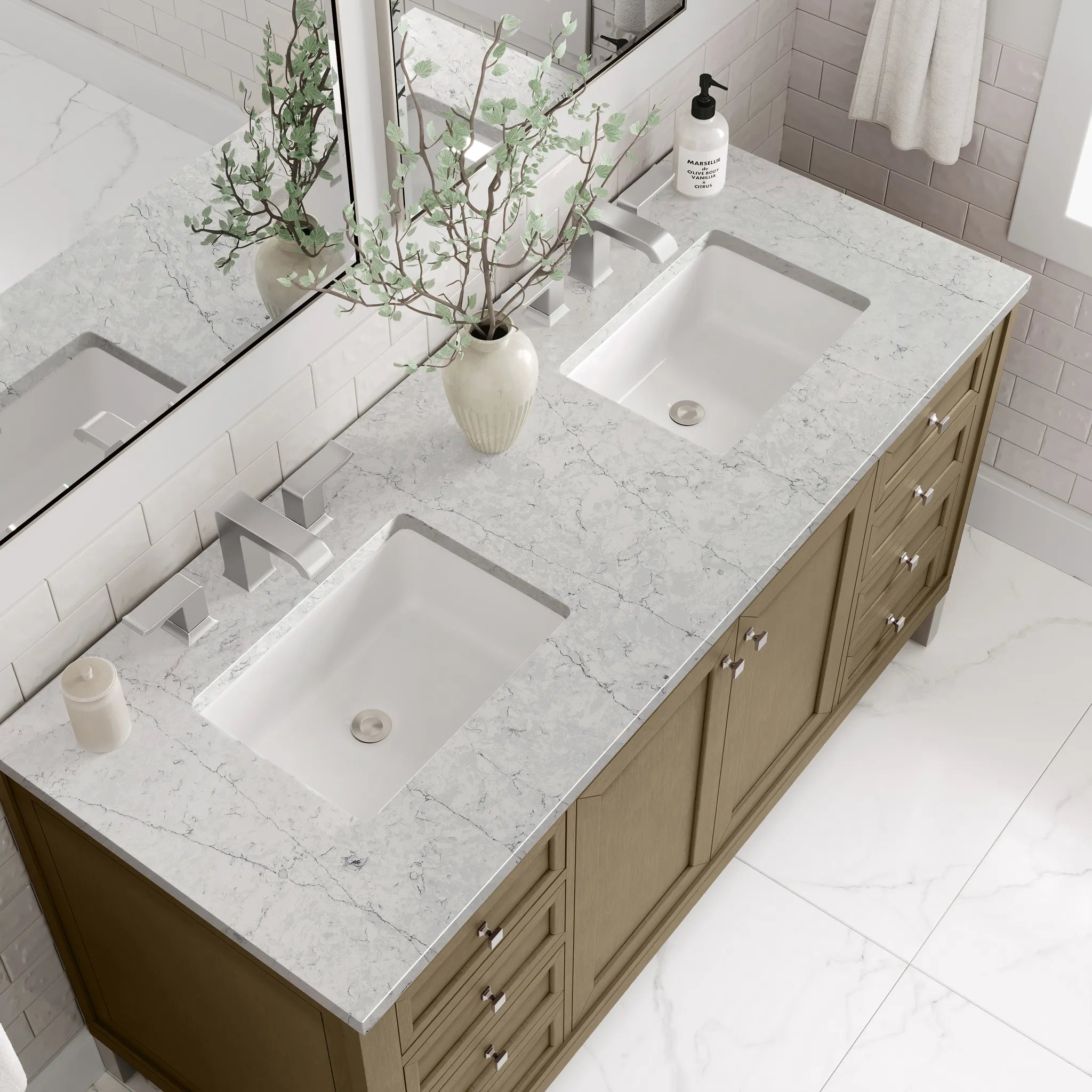 60" Chicago Double Vanity in Walnut Whisper Wireless Charger-Eternal Jasmine Pearl Silestone-8" Widespread image 15