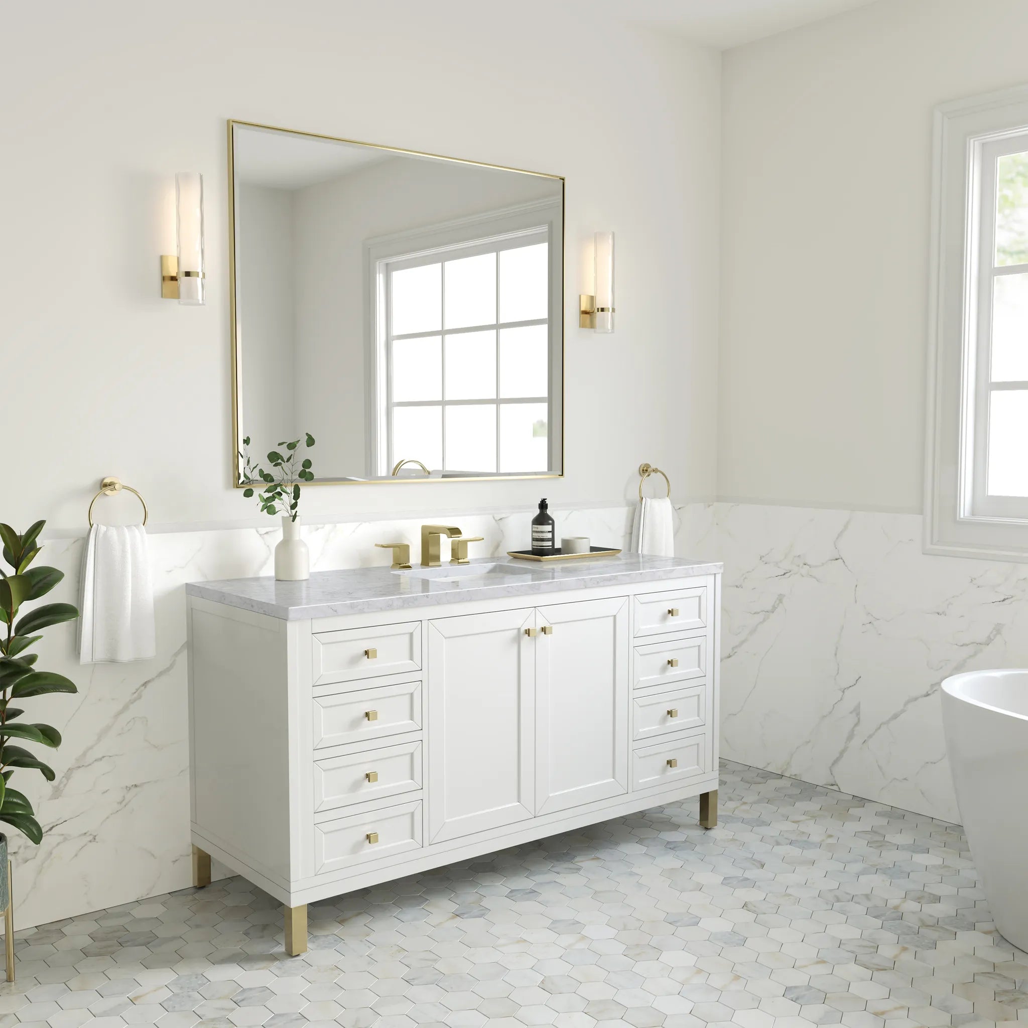 60" Chicago Single Vanity in Glossy White-Carrara White Marble-8" Widespread image 4
