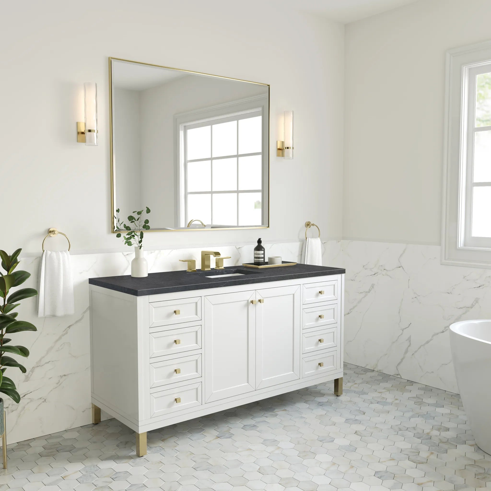 60" Chicago Single Vanity in Glossy White-Charcoal Soapstone Silestone-8" Widespread image 4