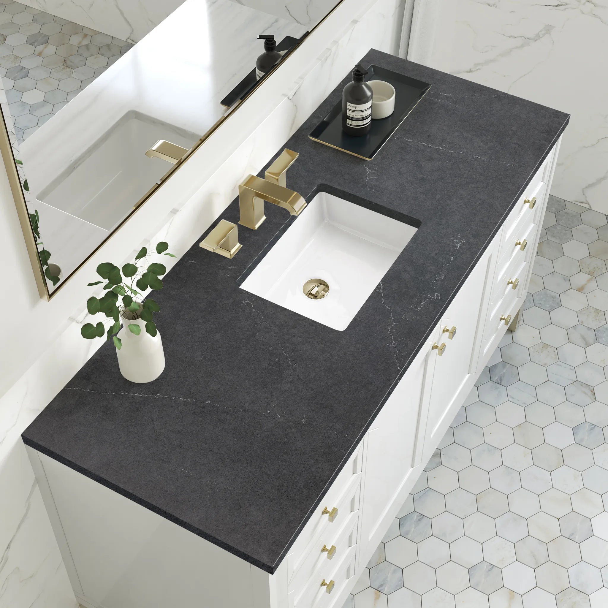 60" Chicago Single Vanity in Glossy White-Charcoal Soapstone Silestone-8" Widespread image 7