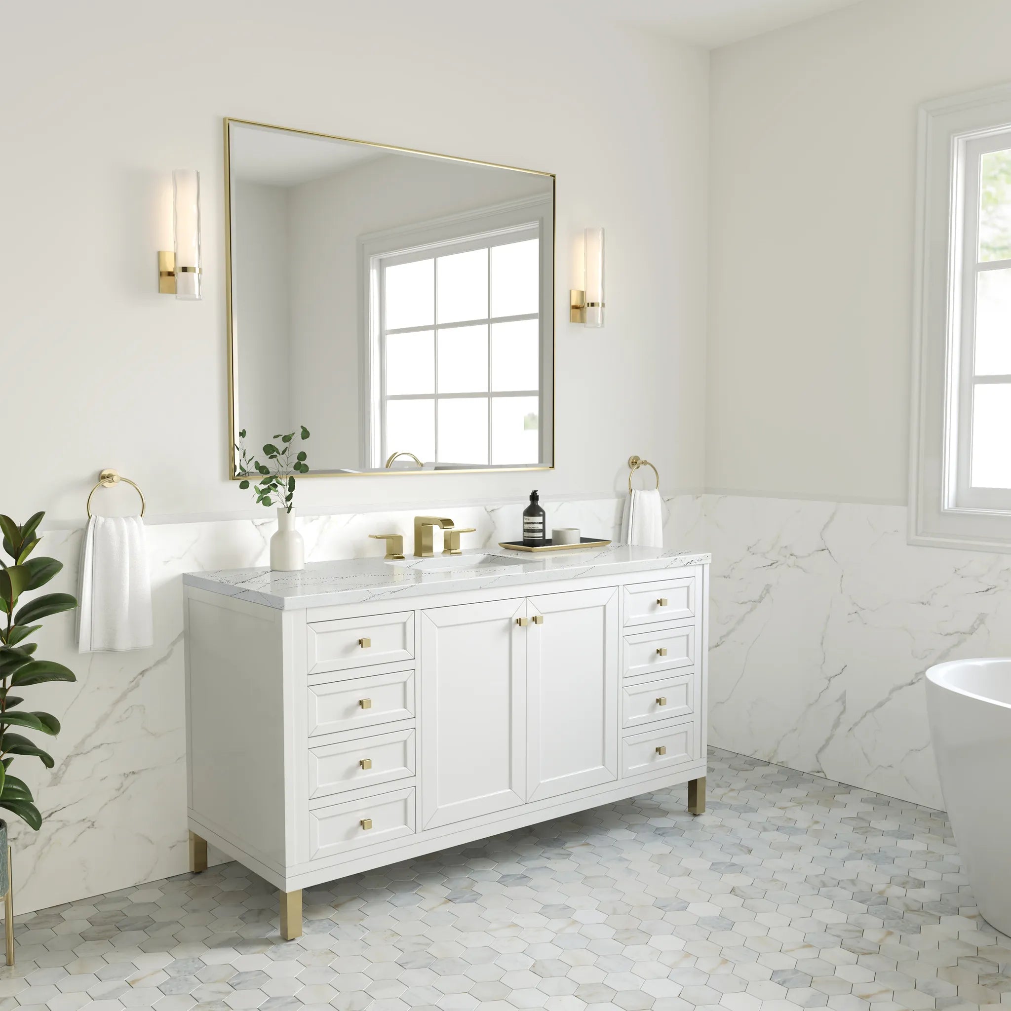 60" Chicago Single Vanity in Glossy White-Ethereal Noctis Silestone-8" Widespread image 4